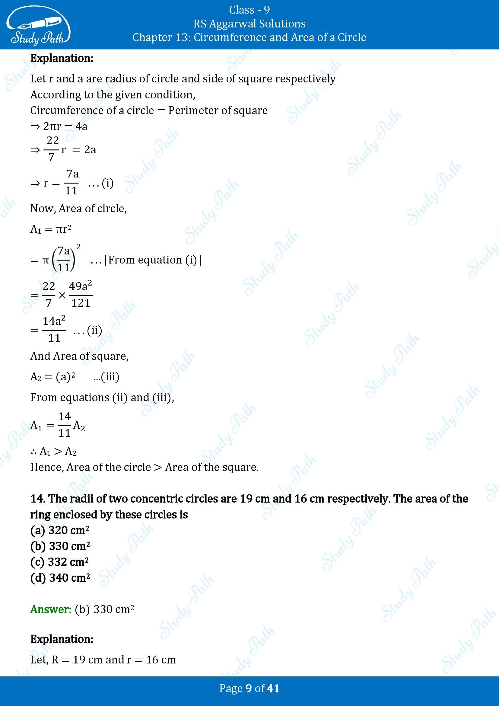 RS Aggarwal Solutions Class 9 Chapter 13 Circumference and Area of a Circle Multiple Choice Questions MCQs 00009