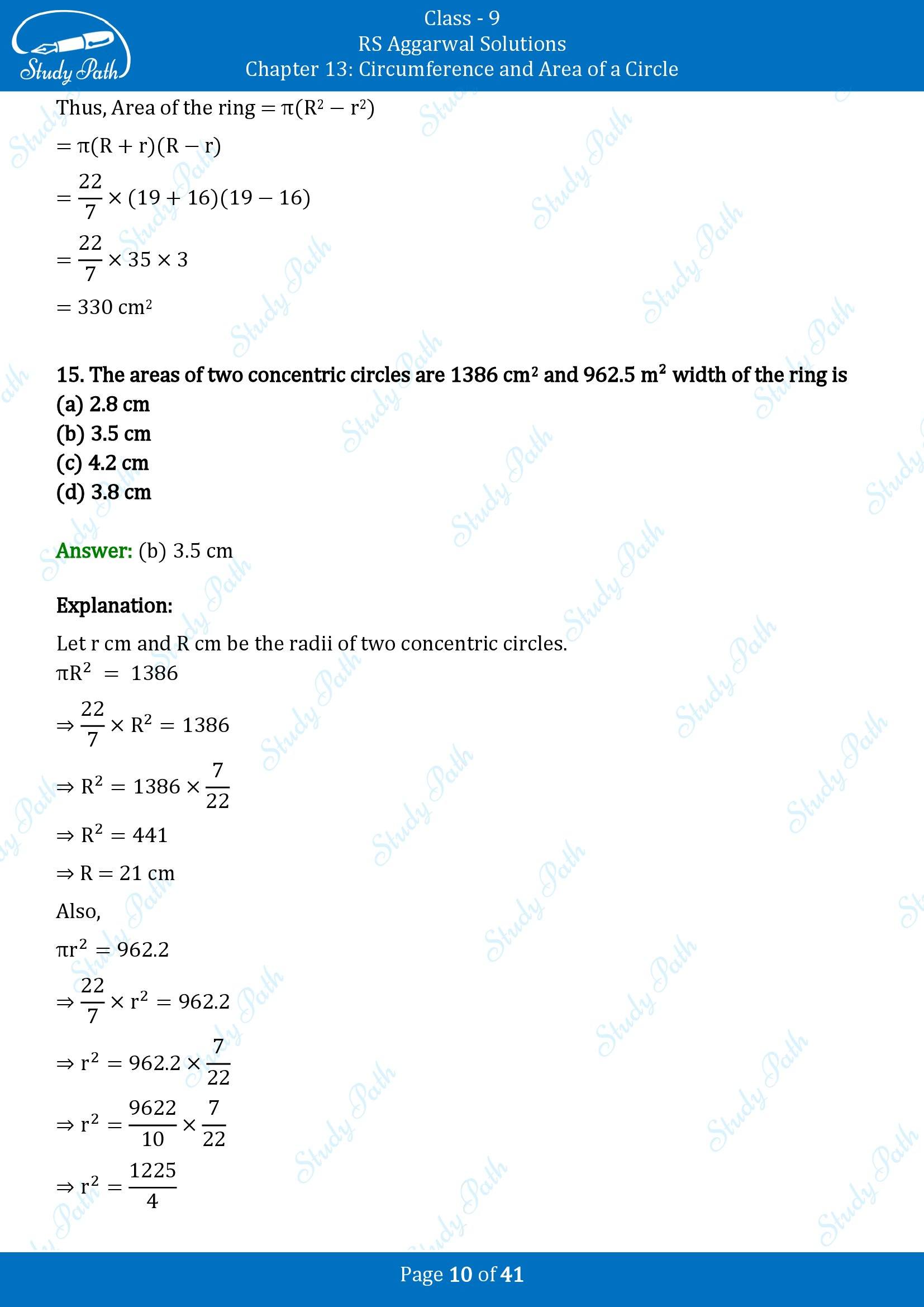 RS Aggarwal Solutions Class 9 Chapter 13 Circumference and Area of a Circle Multiple Choice Questions MCQs 00010
