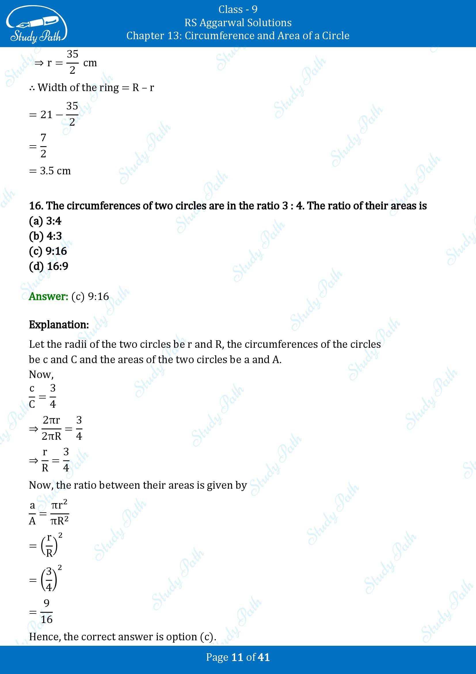 RS Aggarwal Solutions Class 9 Chapter 13 Circumference and Area of a Circle Multiple Choice Questions MCQs 00011