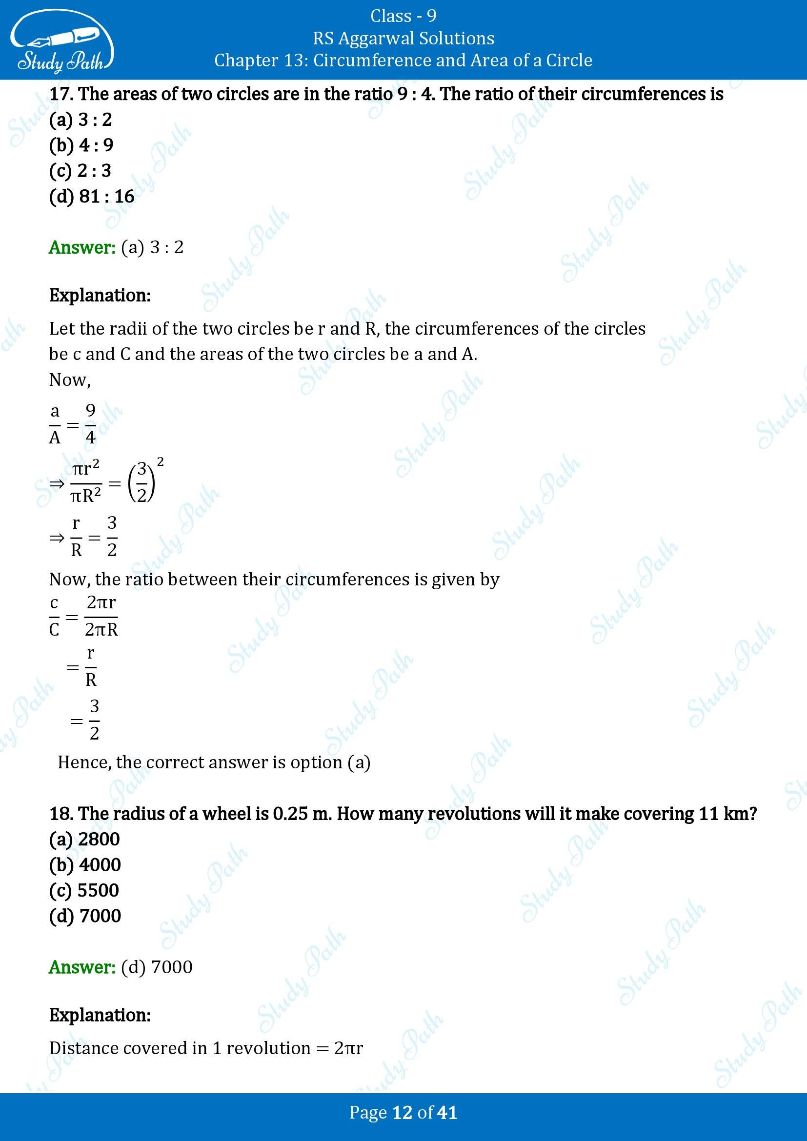 RS Aggarwal Solutions Class 9 Chapter 13 Circumference and Area of a Circle Multiple Choice Questions MCQs 00012