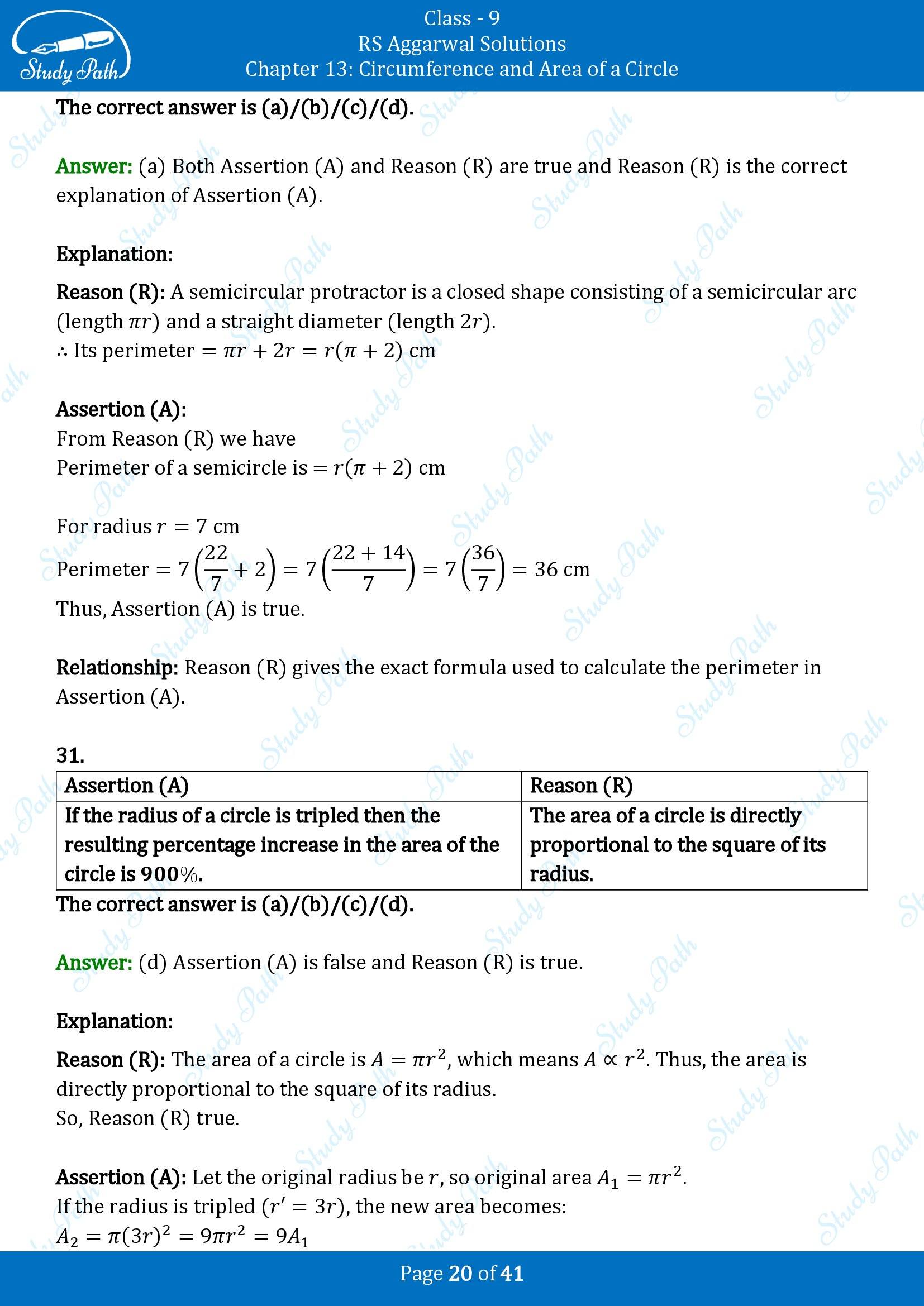 RS Aggarwal Solutions Class 9 Chapter 13 Circumference and Area of a Circle Multiple Choice Questions MCQs 00020