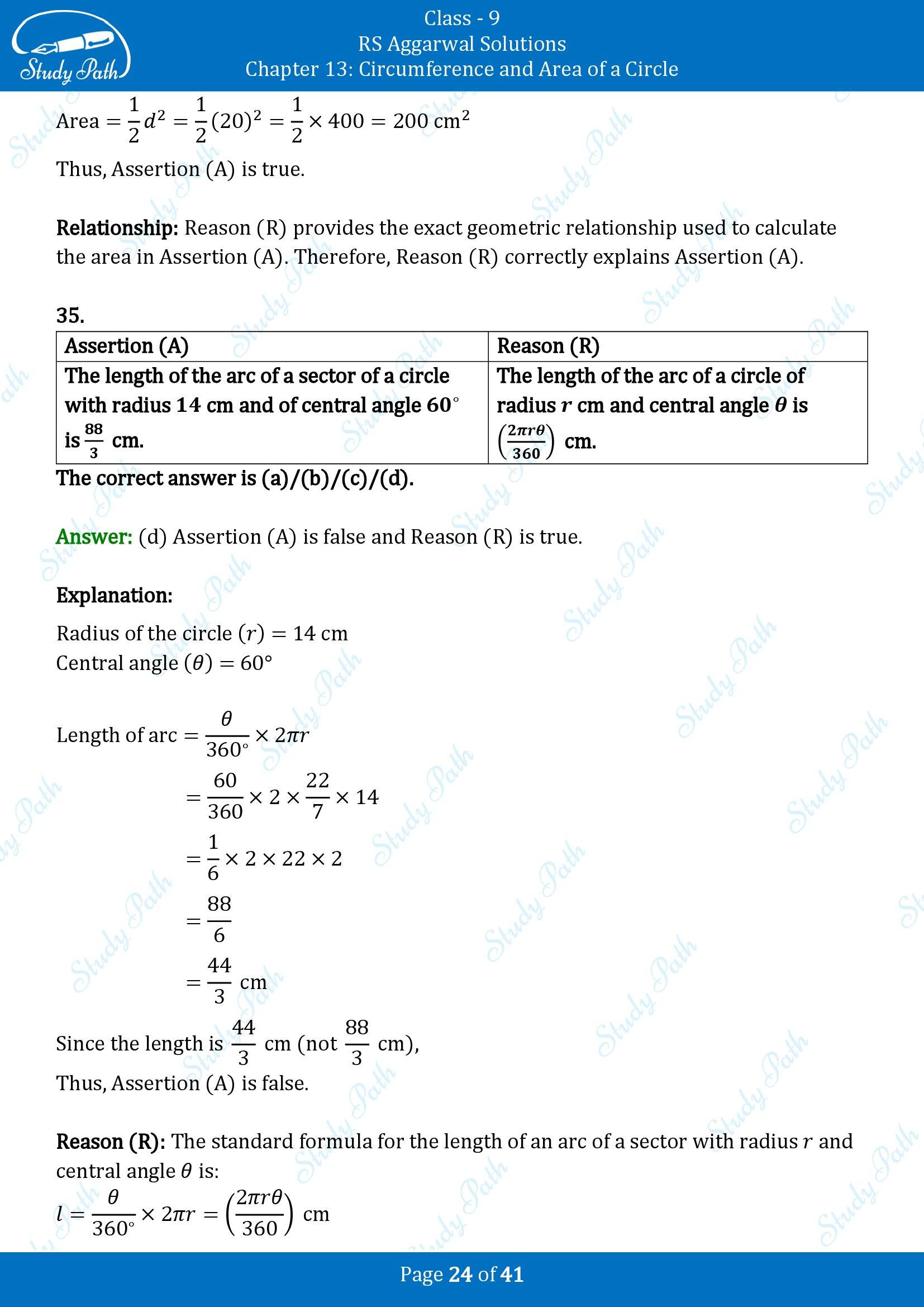 RS Aggarwal Solutions Class 9 Chapter 13 Circumference and Area of a Circle Multiple Choice Questions MCQs 00024