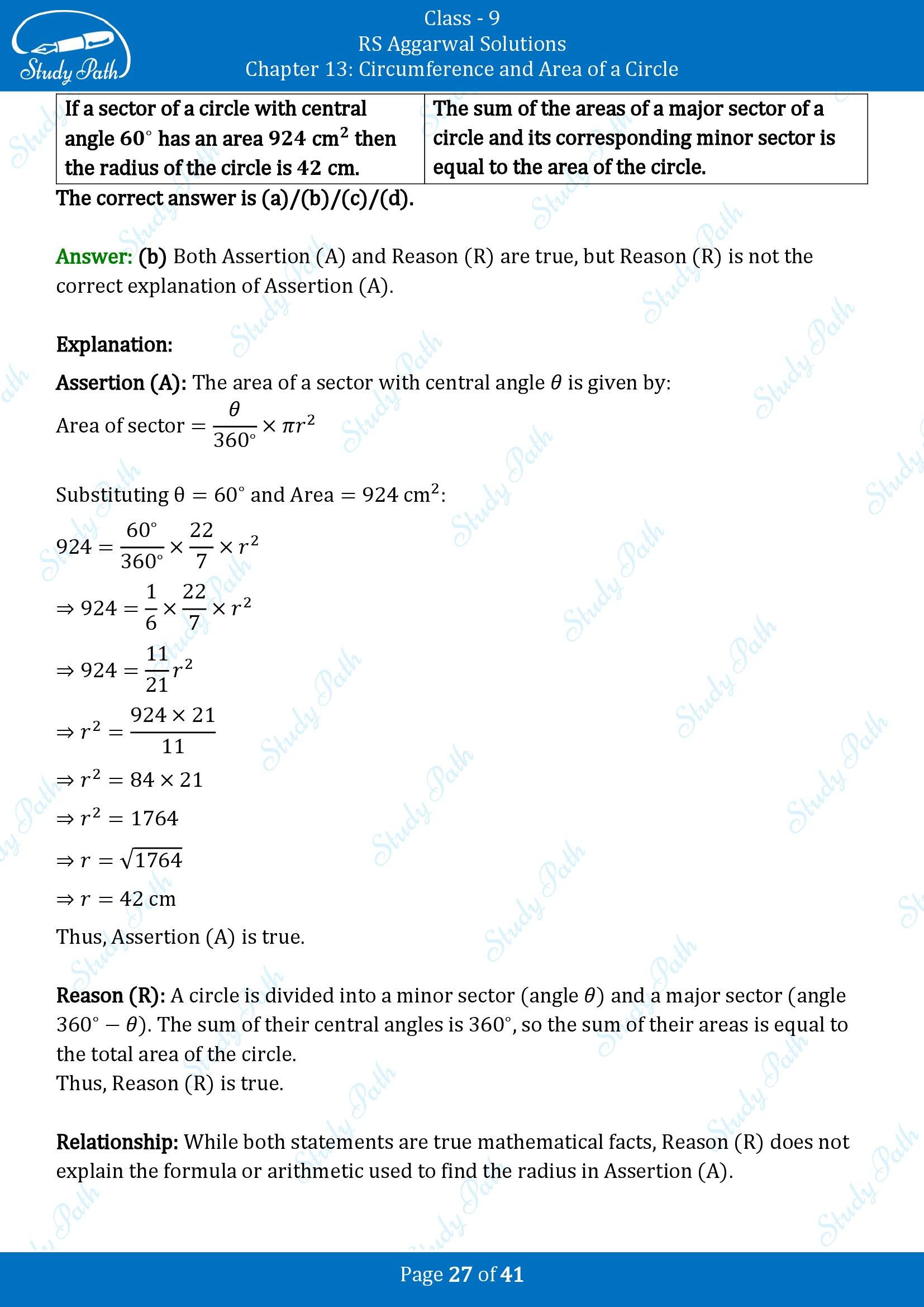 RS Aggarwal Solutions Class 9 Chapter 13 Circumference and Area of a Circle Multiple Choice Questions MCQs 00027