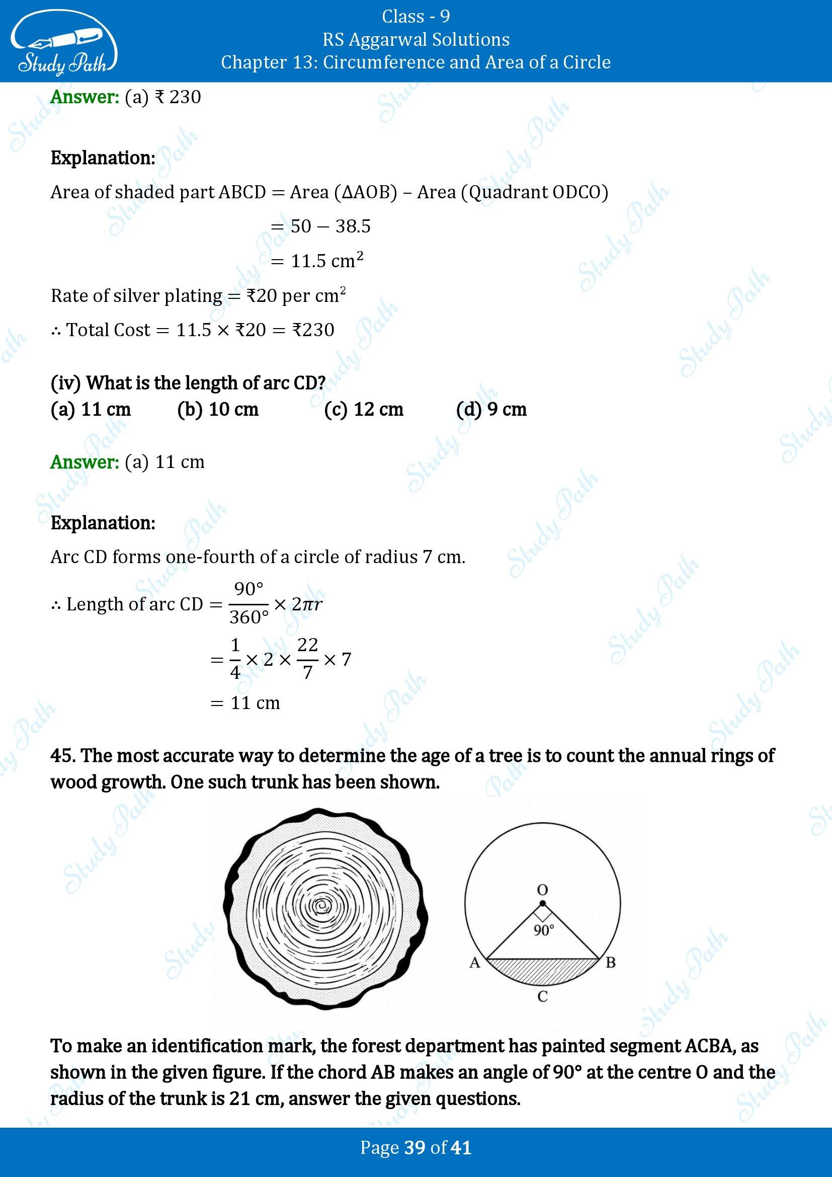 RS Aggarwal Solutions Class 9 Chapter 13 Circumference and Area of a Circle Multiple Choice Questions MCQs 00039