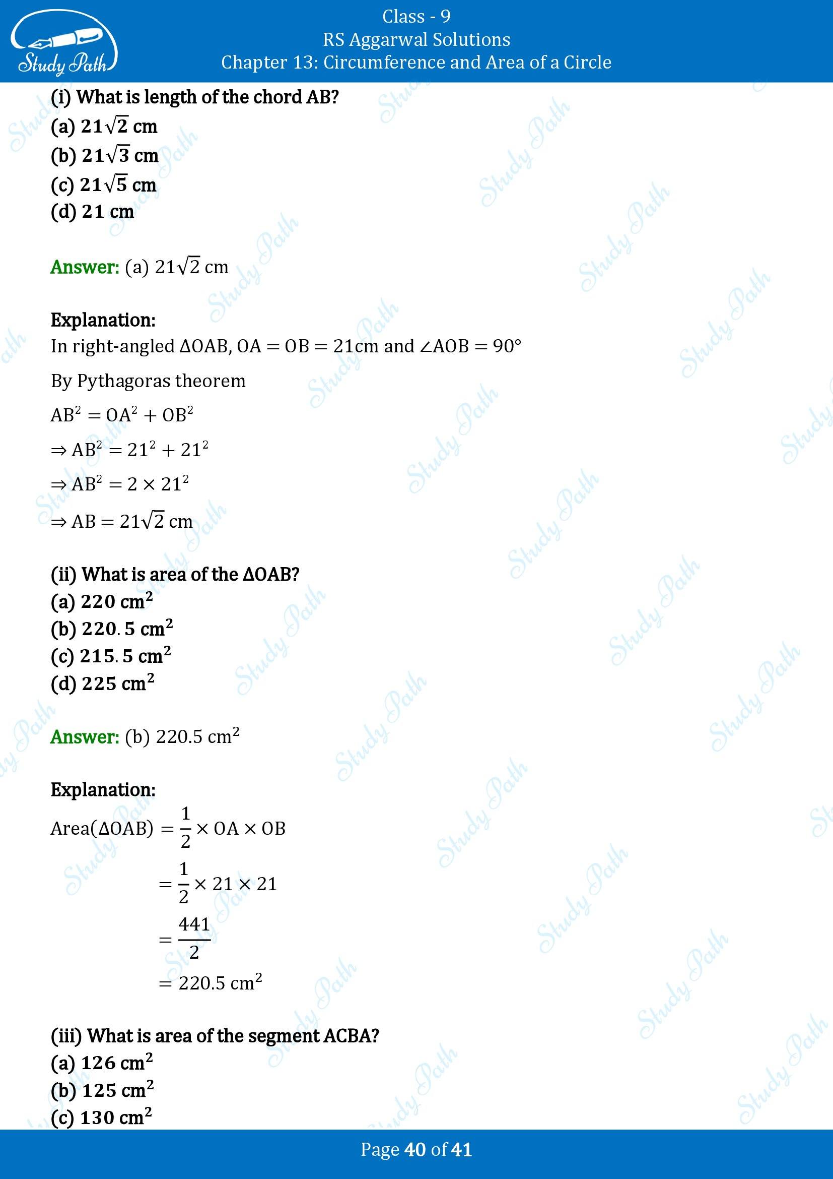 RS Aggarwal Solutions Class 9 Chapter 13 Circumference and Area of a Circle Multiple Choice Questions MCQs 00040