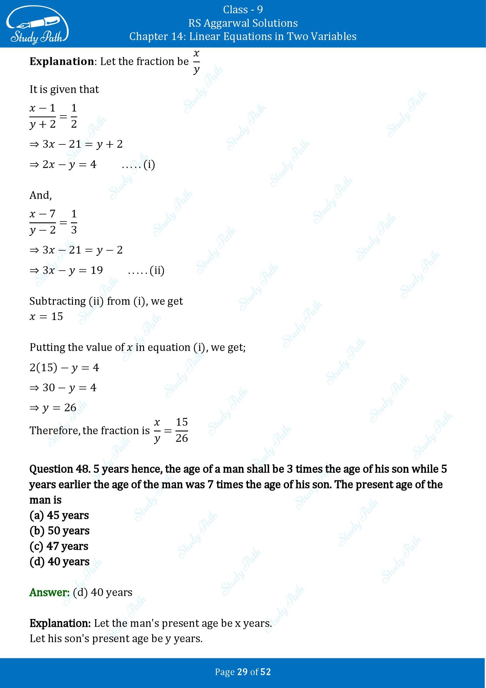 RS Aggarwal Solutions Class 9 Chapter 14 Linear Equations in Two Variables Multiple Choice Questions MCQs 00029