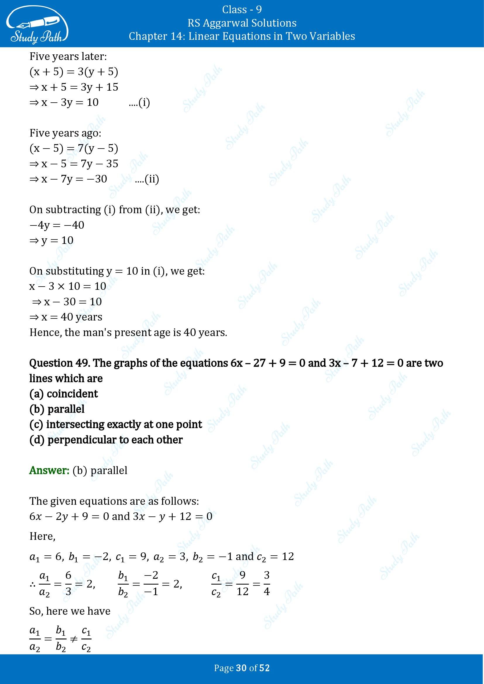 RS Aggarwal Solutions Class 9 Chapter 14 Linear Equations in Two Variables Multiple Choice Questions MCQs 00030
