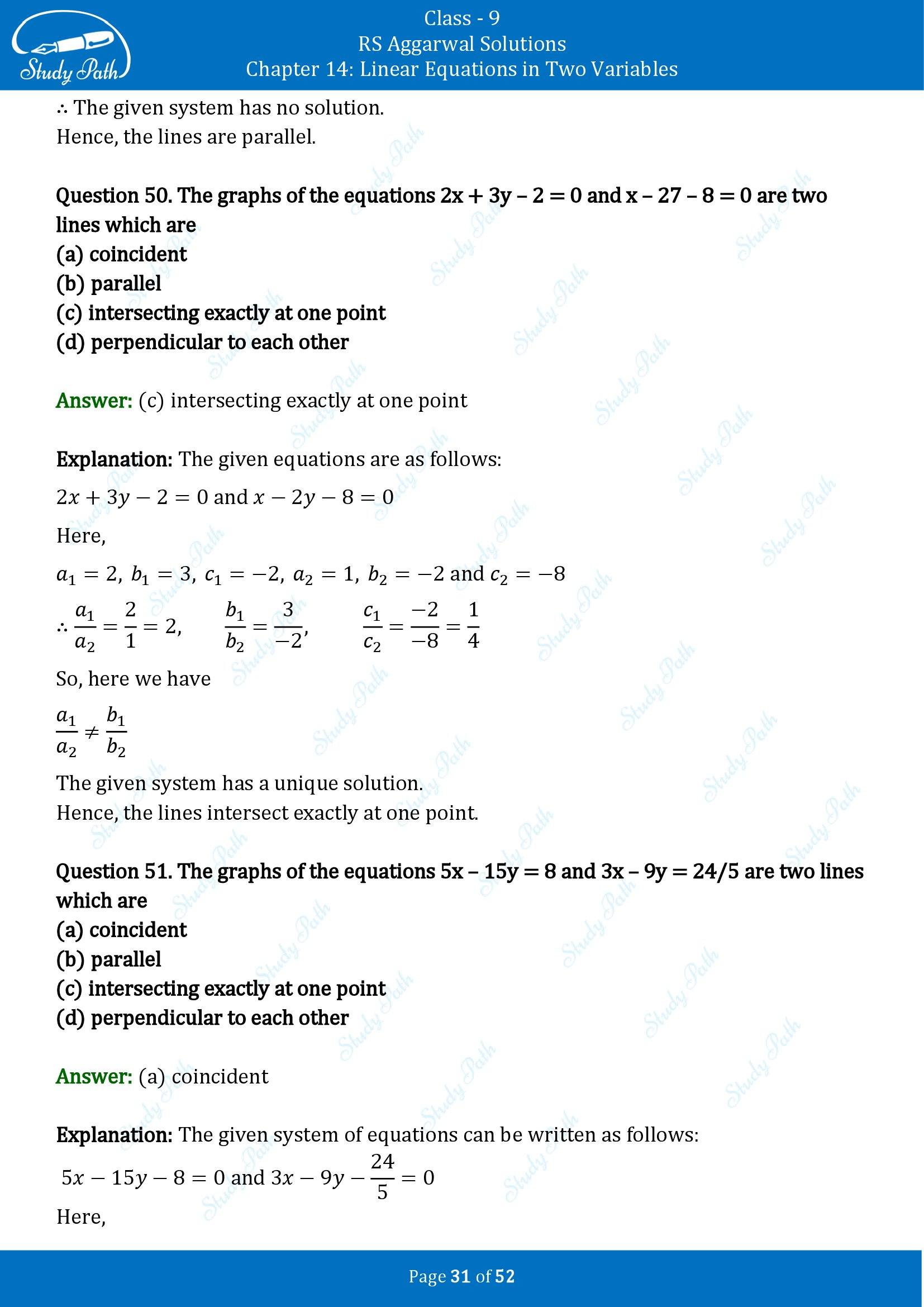 RS Aggarwal Solutions Class 9 Chapter 14 Linear Equations in Two Variables Multiple Choice Questions MCQs 00031