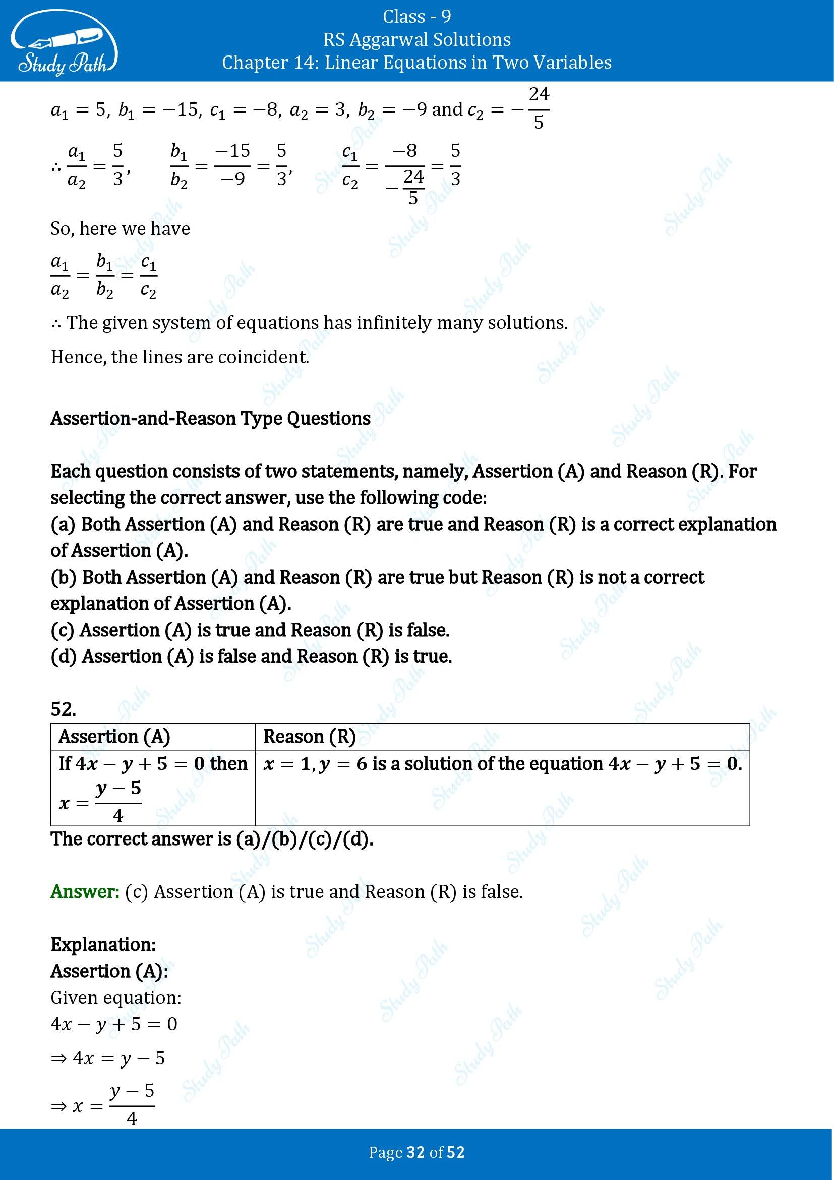 RS Aggarwal Solutions Class 9 Chapter 14 Linear Equations in Two Variables Multiple Choice Questions MCQs 00032