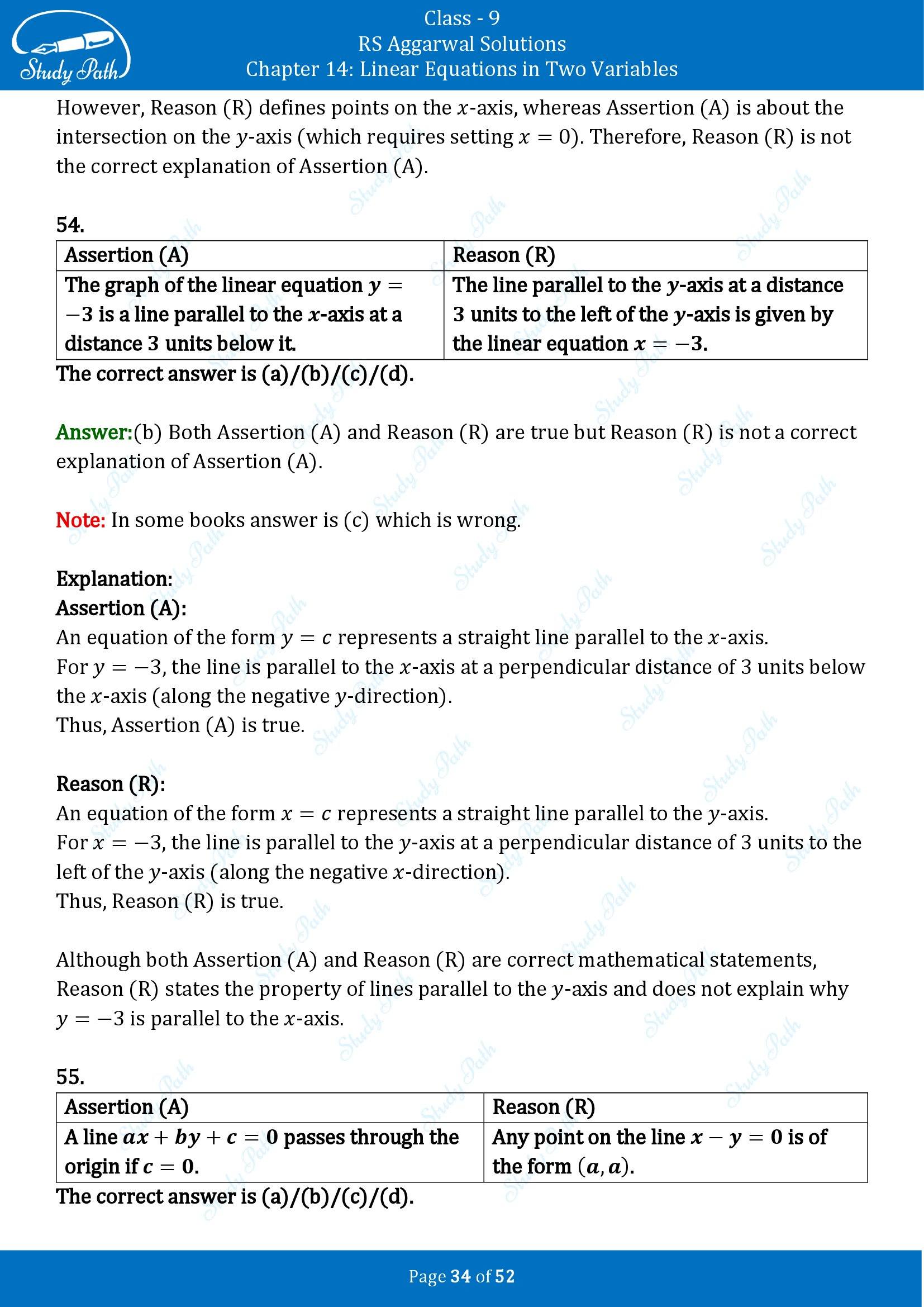 RS Aggarwal Solutions Class 9 Chapter 14 Linear Equations in Two Variables Multiple Choice Questions MCQs 00034