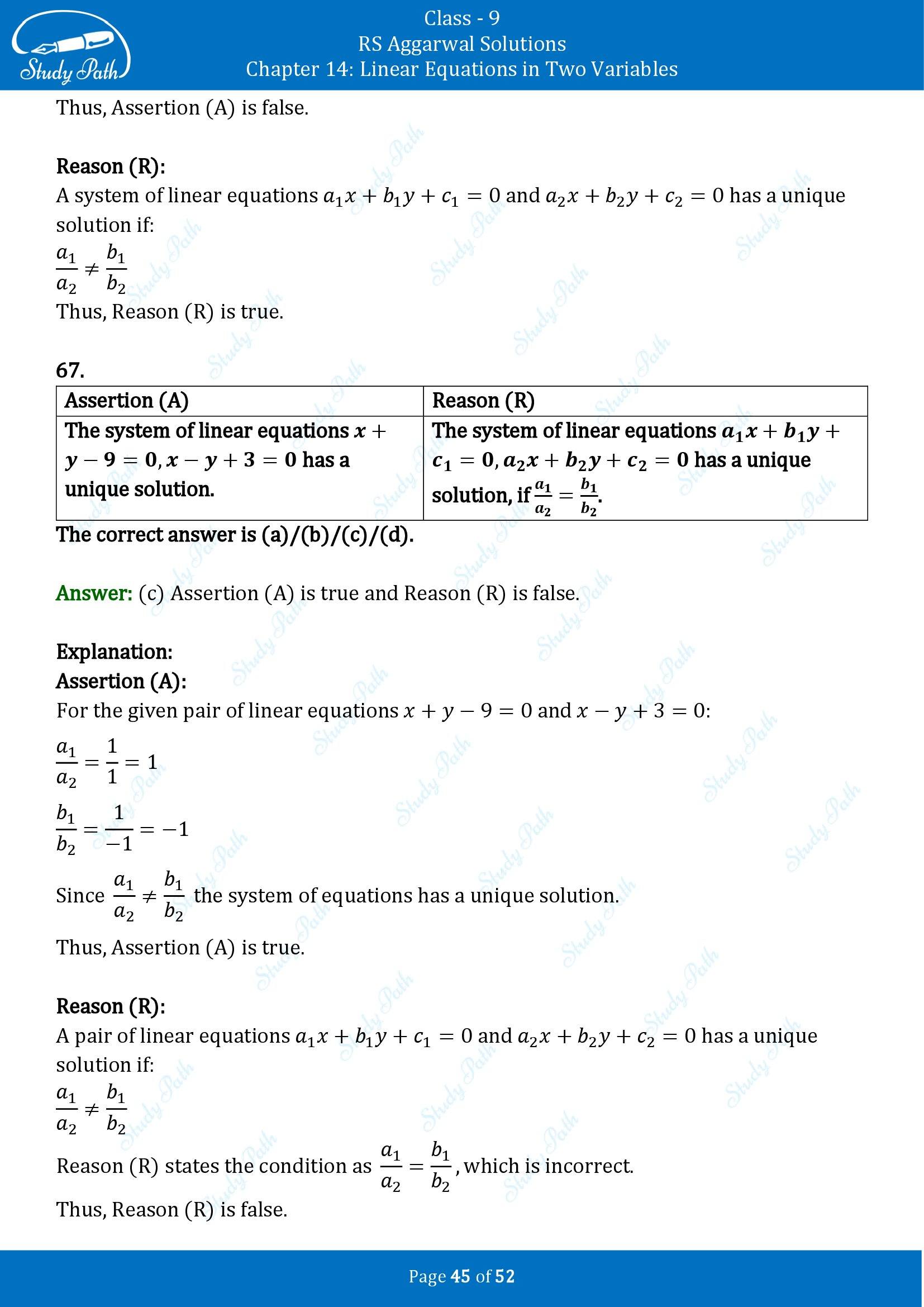 RS Aggarwal Solutions Class 9 Chapter 14 Linear Equations in Two Variables Multiple Choice Questions MCQs 00045