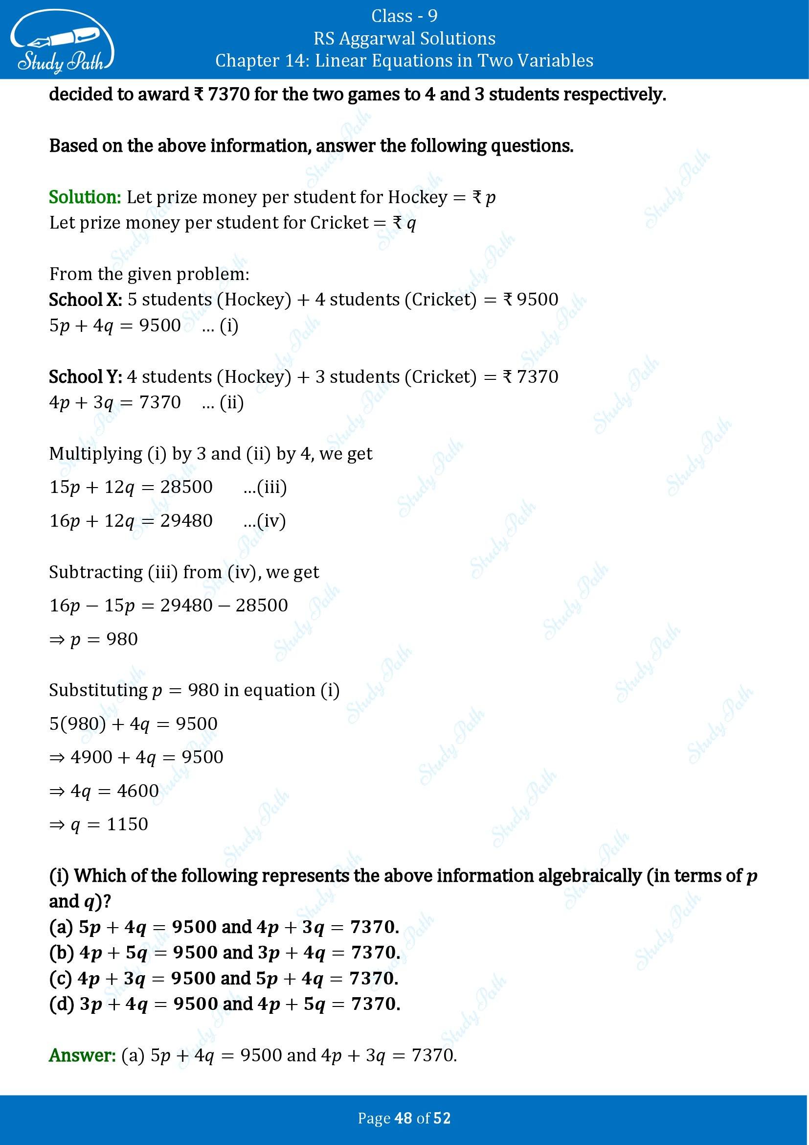 RS Aggarwal Solutions Class 9 Chapter 14 Linear Equations in Two Variables Multiple Choice Questions MCQs 00048