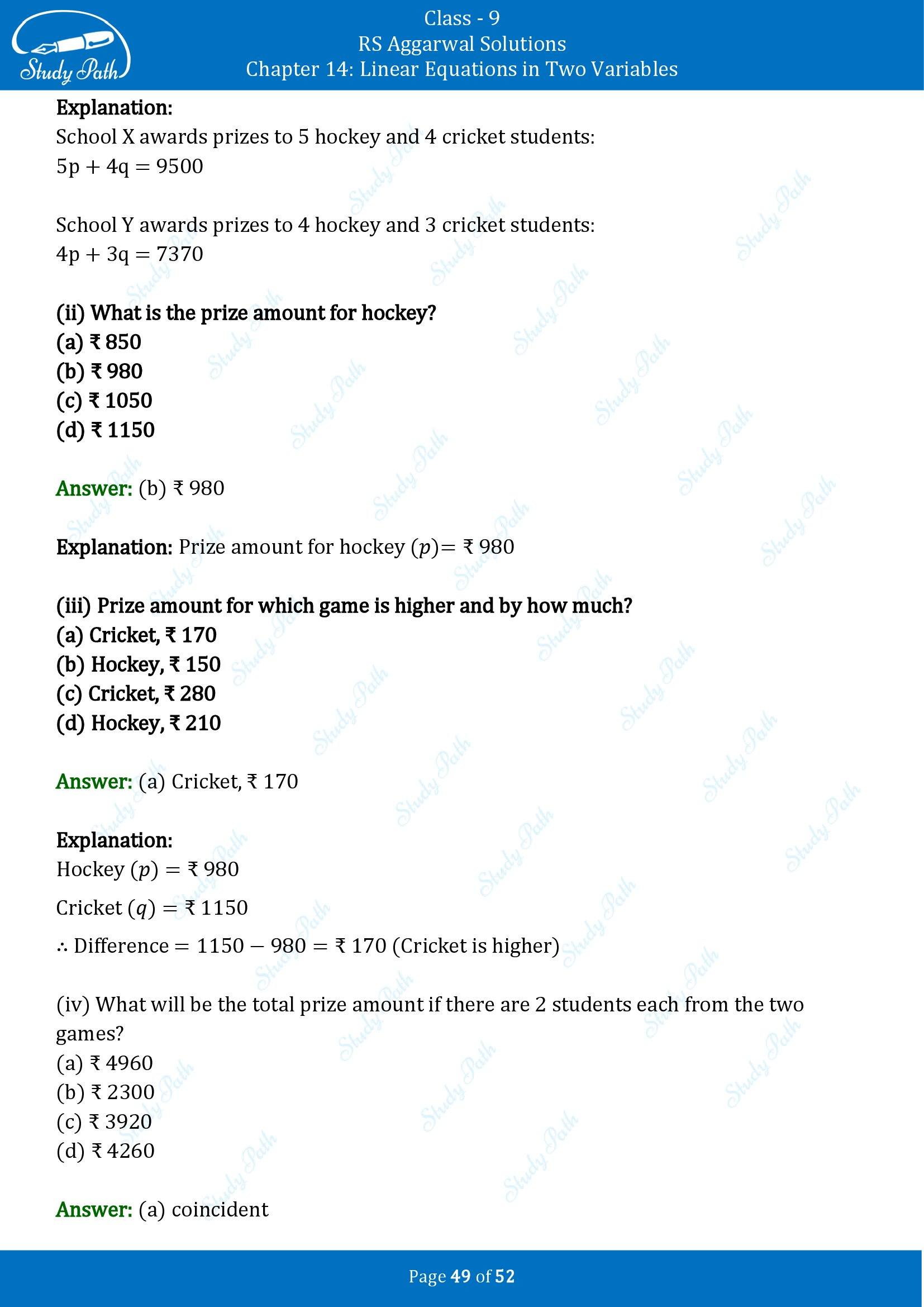 RS Aggarwal Solutions Class 9 Chapter 14 Linear Equations in Two Variables Multiple Choice Questions MCQs 00049