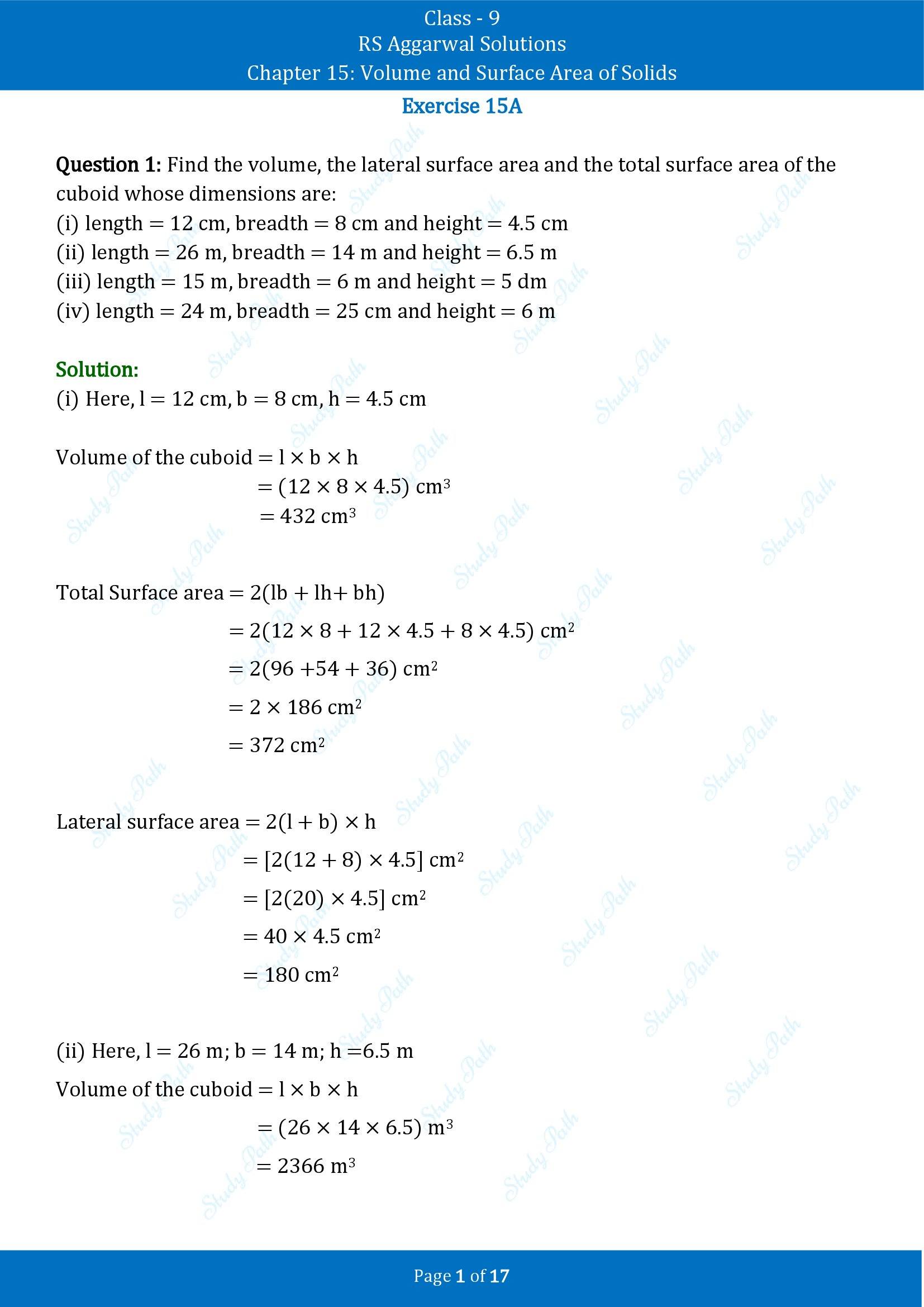RS Aggarwal Solutions Class 9 Chapter 15 Volume and Surface Area of Solids Exercise 15A 00001