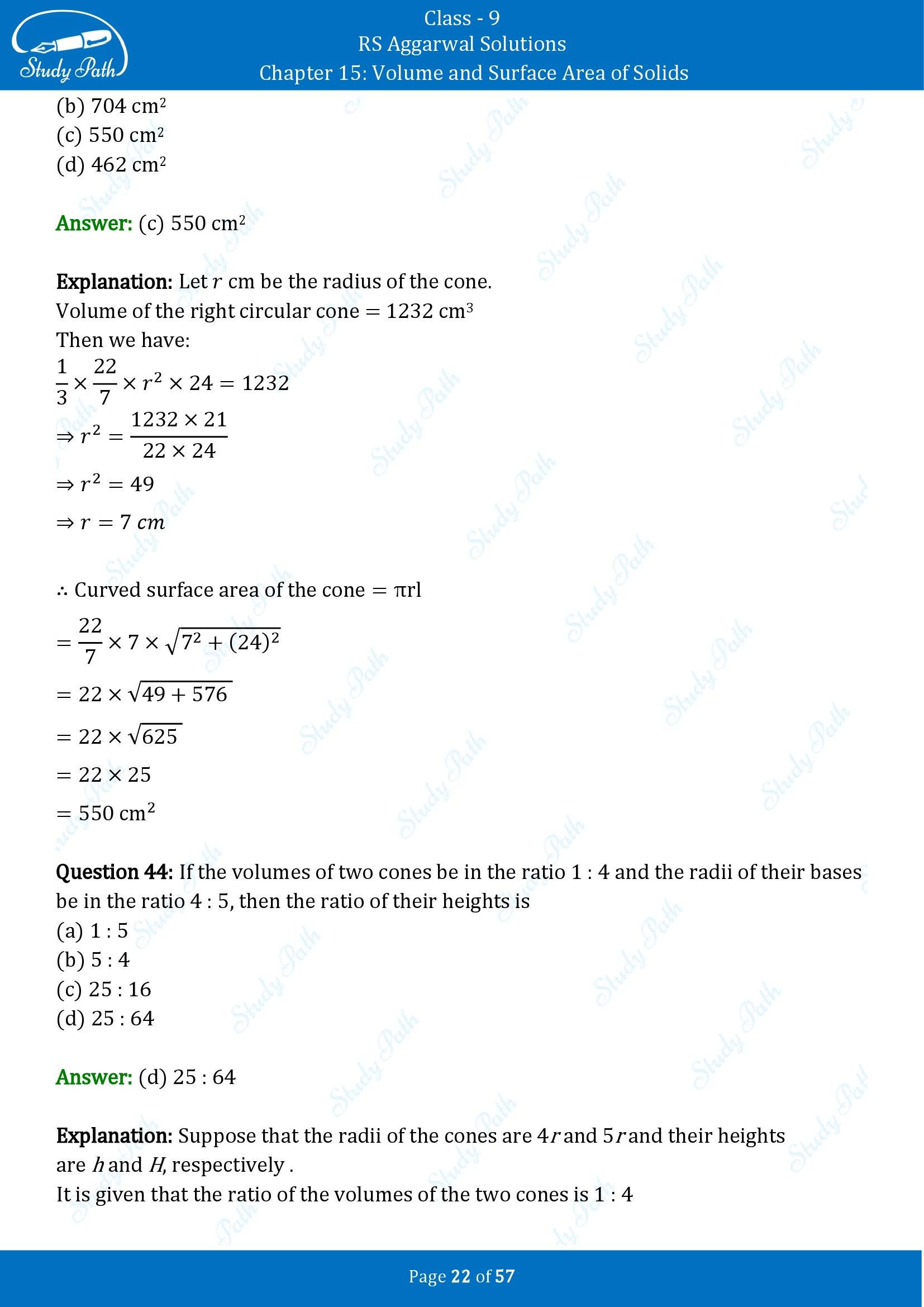 RS Aggarwal Solutions Class 9 Chapter 15 Volume and Surface Area of Solids Multiple Choice Questions MCQs 00022