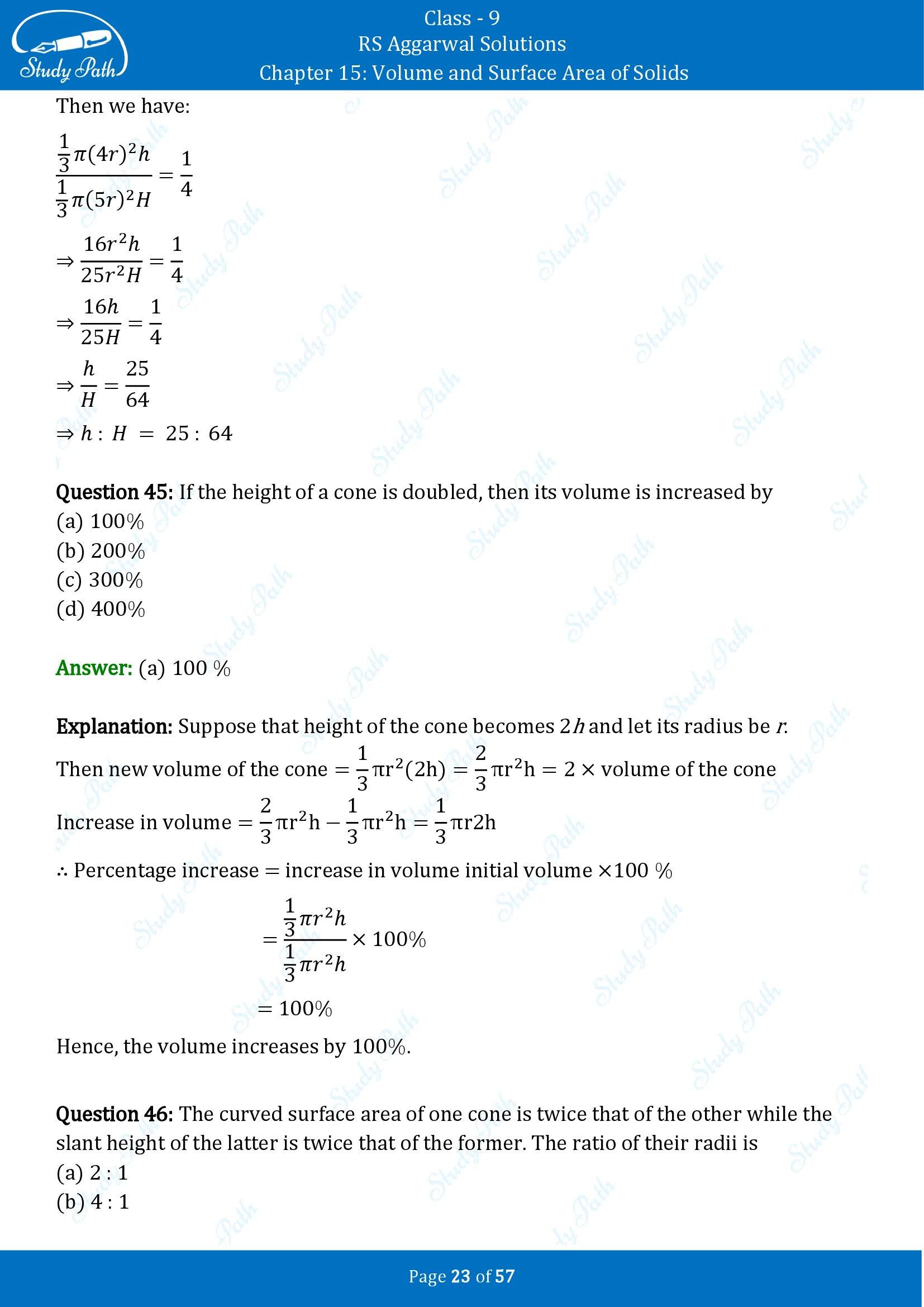 RS Aggarwal Solutions Class 9 Chapter 15 Volume and Surface Area of Solids Multiple Choice Questions MCQs 00023