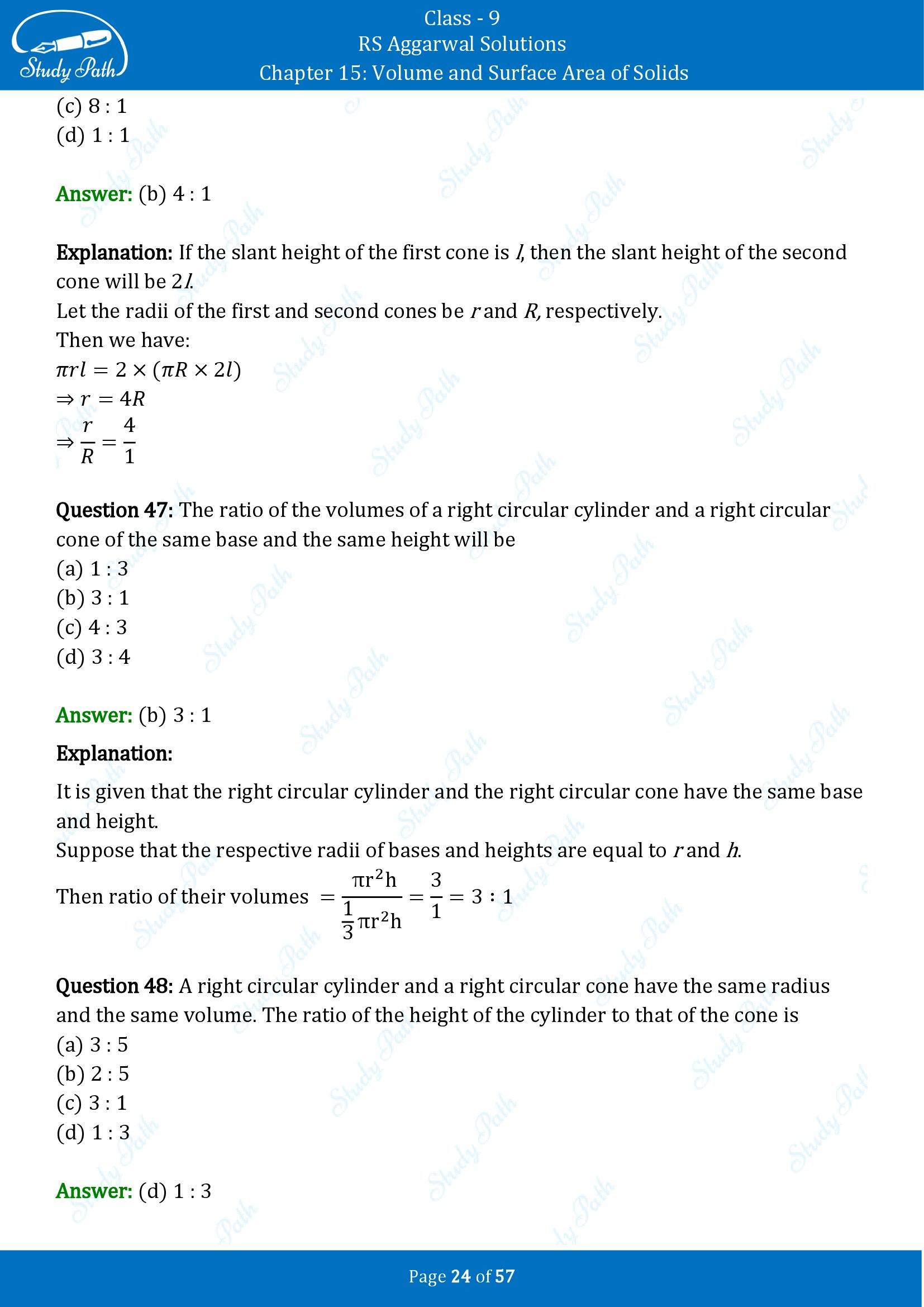 RS Aggarwal Solutions Class 9 Chapter 15 Volume and Surface Area of Solids Multiple Choice Questions MCQs 00024