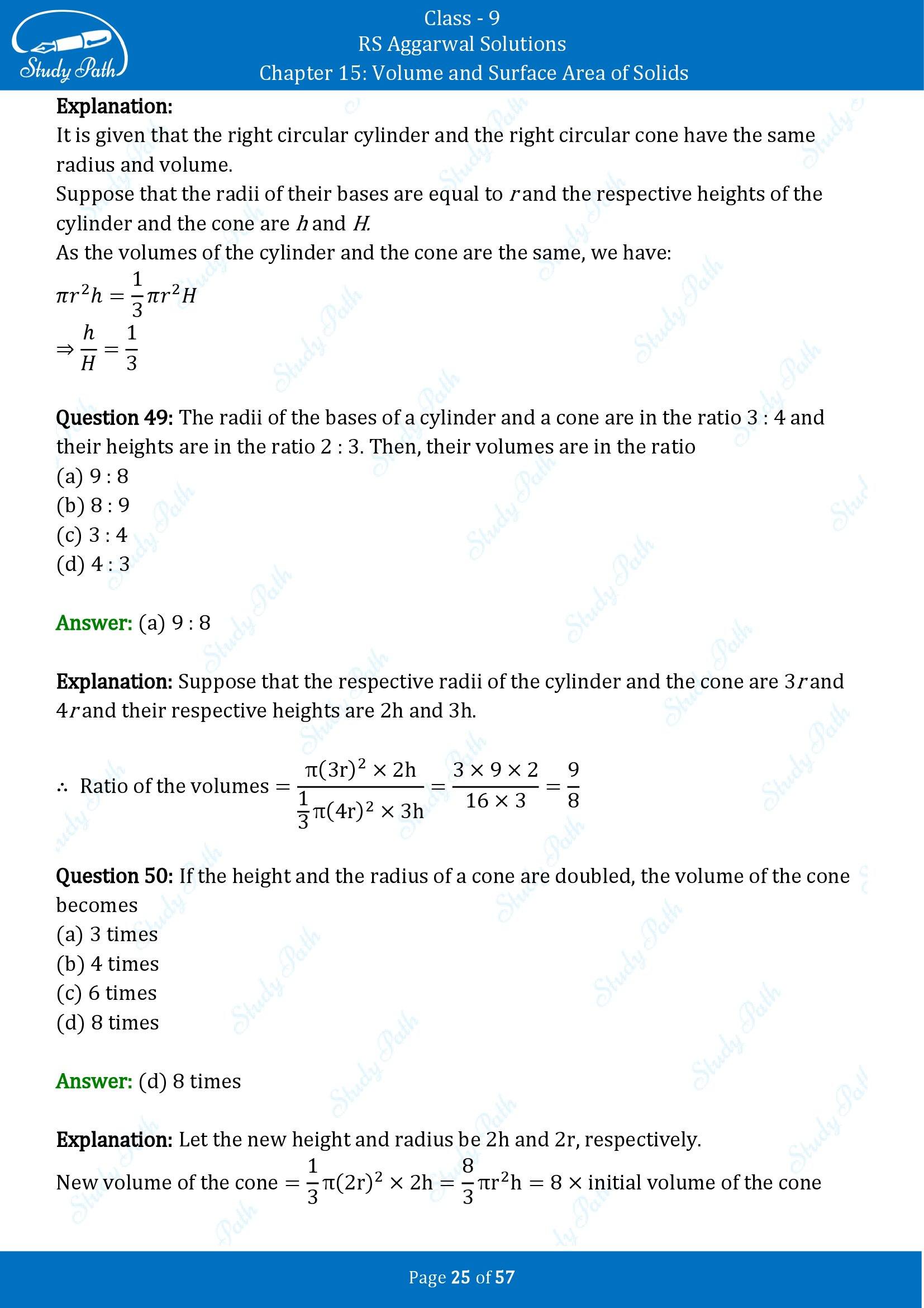 RS Aggarwal Solutions Class 9 Chapter 15 Volume and Surface Area of Solids Multiple Choice Questions MCQs 00025