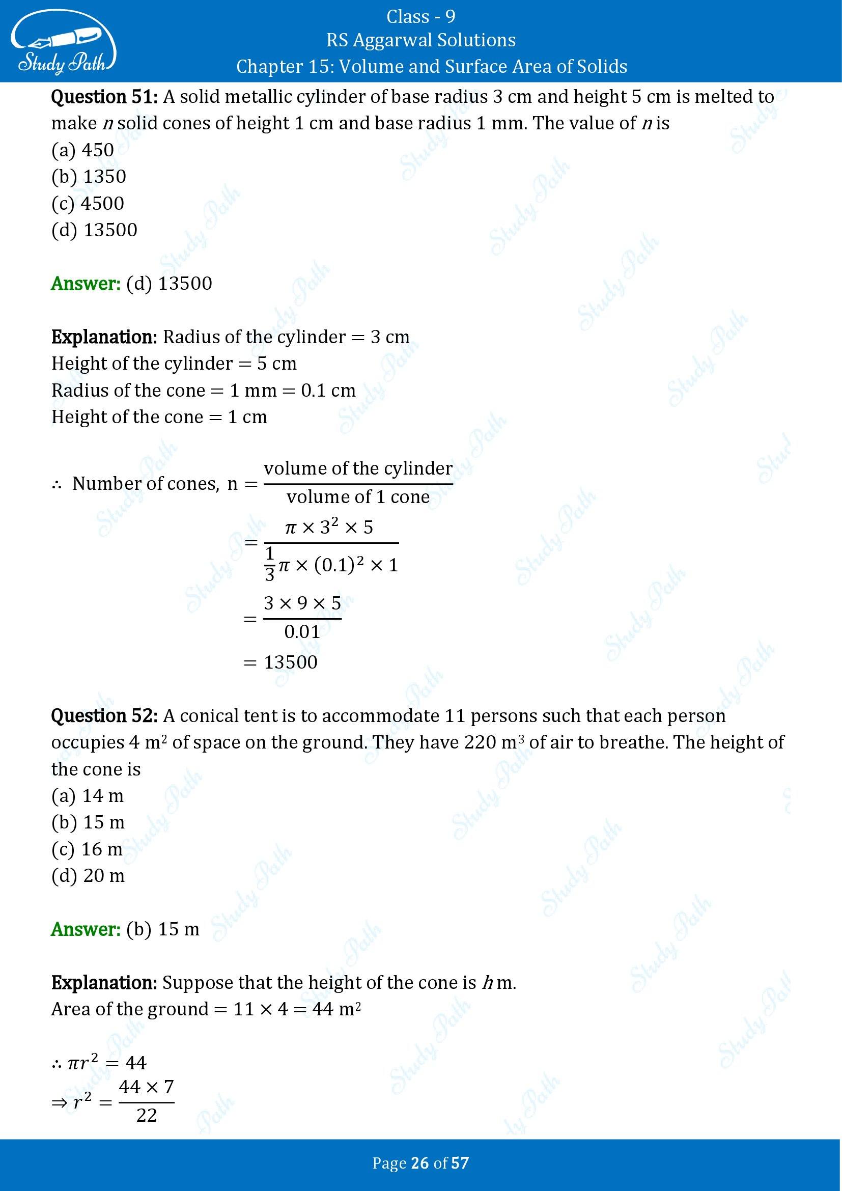 RS Aggarwal Solutions Class 9 Chapter 15 Volume and Surface Area of Solids Multiple Choice Questions MCQs 00026