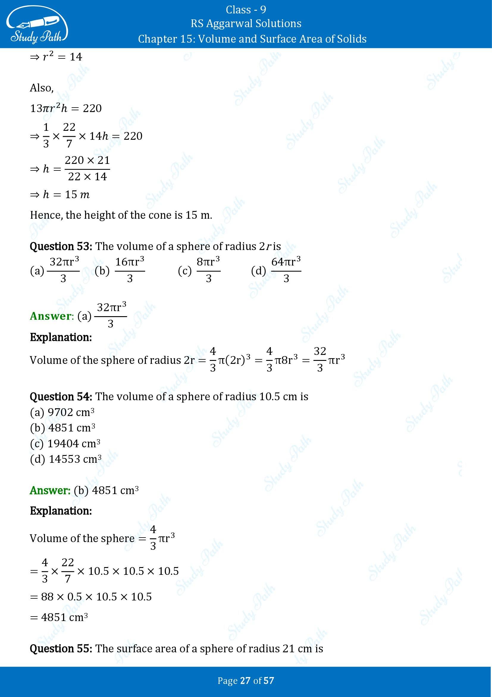 RS Aggarwal Solutions Class 9 Chapter 15 Volume and Surface Area of Solids Multiple Choice Questions MCQs 00027