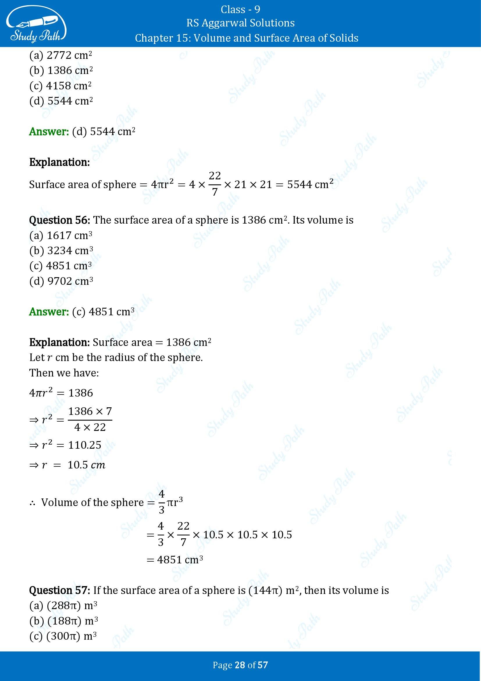RS Aggarwal Solutions Class 9 Chapter 15 Volume and Surface Area of Solids Multiple Choice Questions MCQs 00028