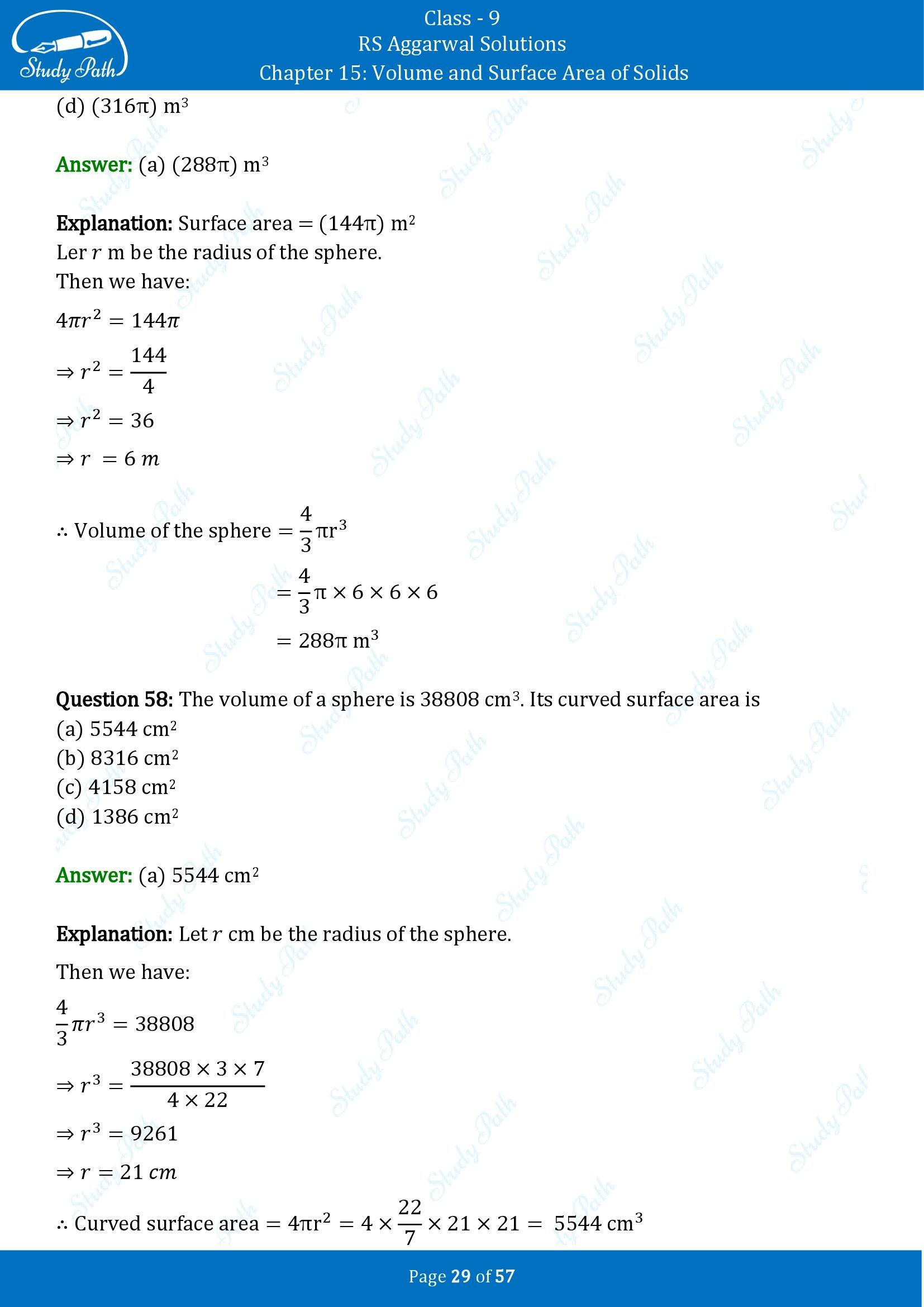 RS Aggarwal Solutions Class 9 Chapter 15 Volume and Surface Area of Solids Multiple Choice Questions MCQs 00029