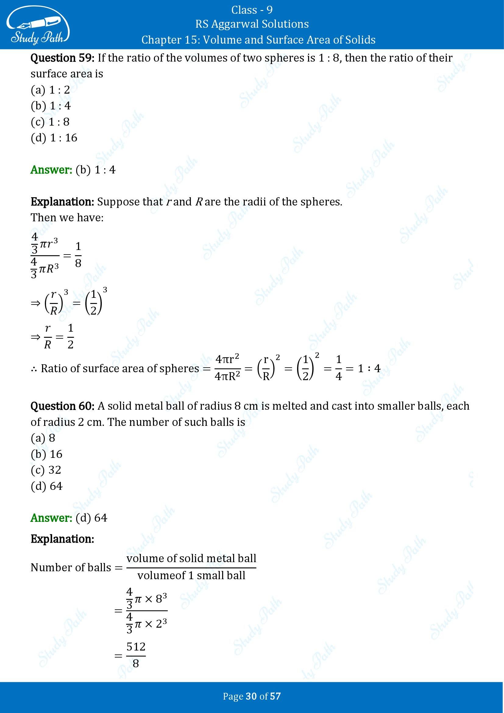 RS Aggarwal Solutions Class 9 Chapter 15 Volume and Surface Area of Solids Multiple Choice Questions MCQs 00030
