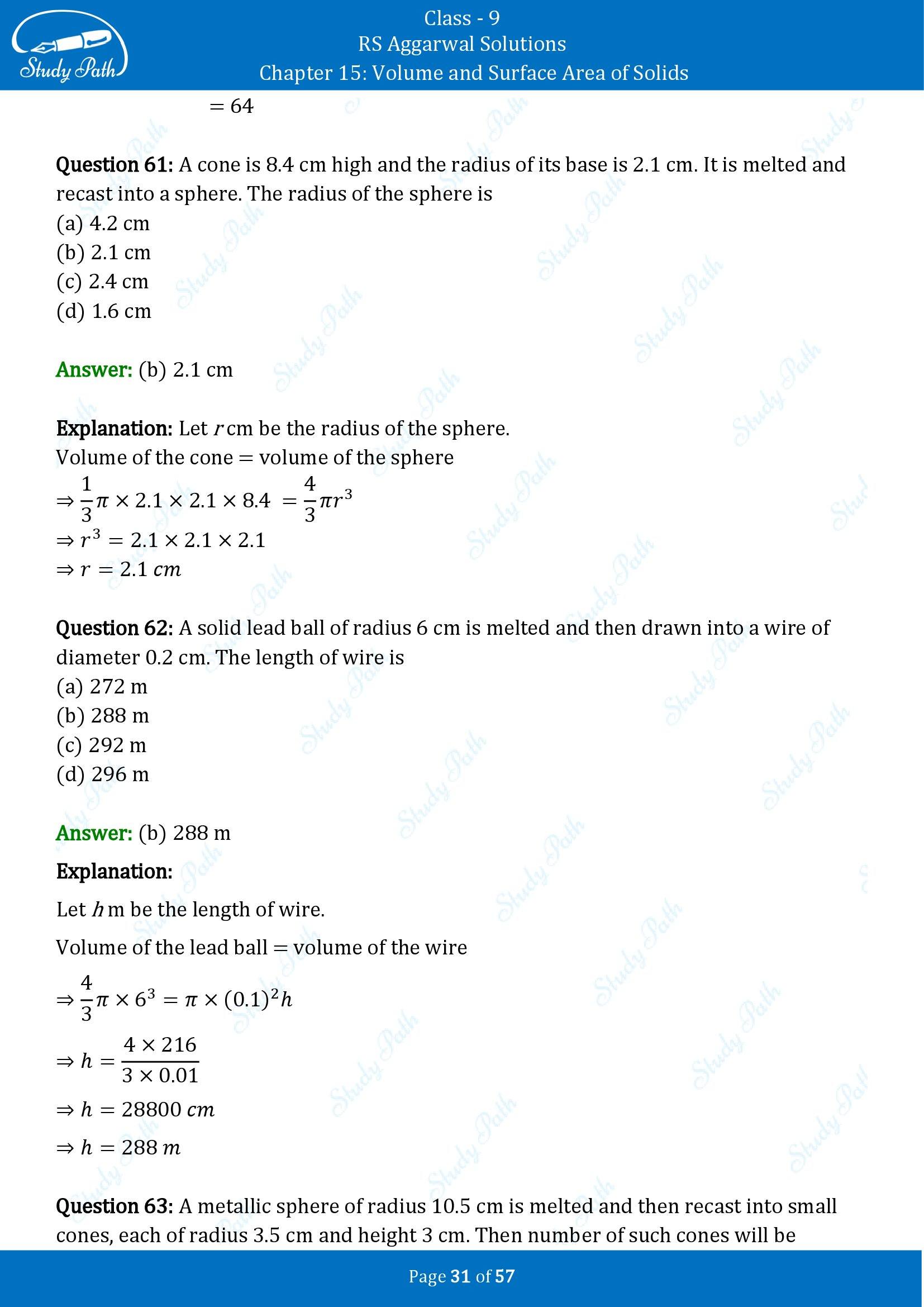 RS Aggarwal Solutions Class 9 Chapter 15 Volume and Surface Area of Solids Multiple Choice Questions MCQs 00031