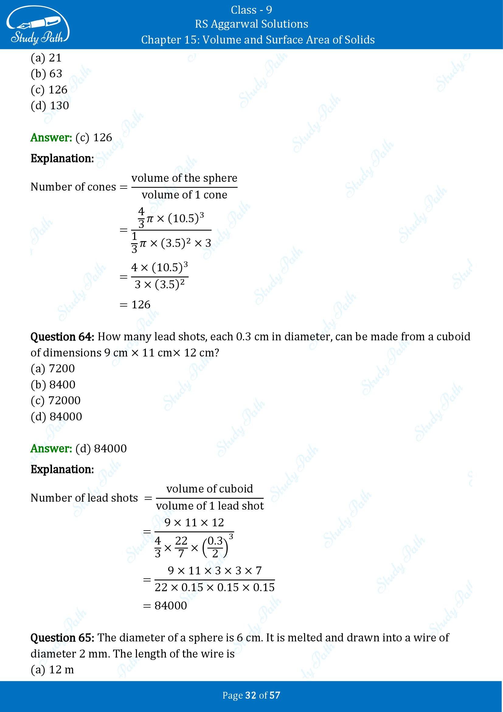 RS Aggarwal Solutions Class 9 Chapter 15 Volume and Surface Area of Solids Multiple Choice Questions MCQs 00032