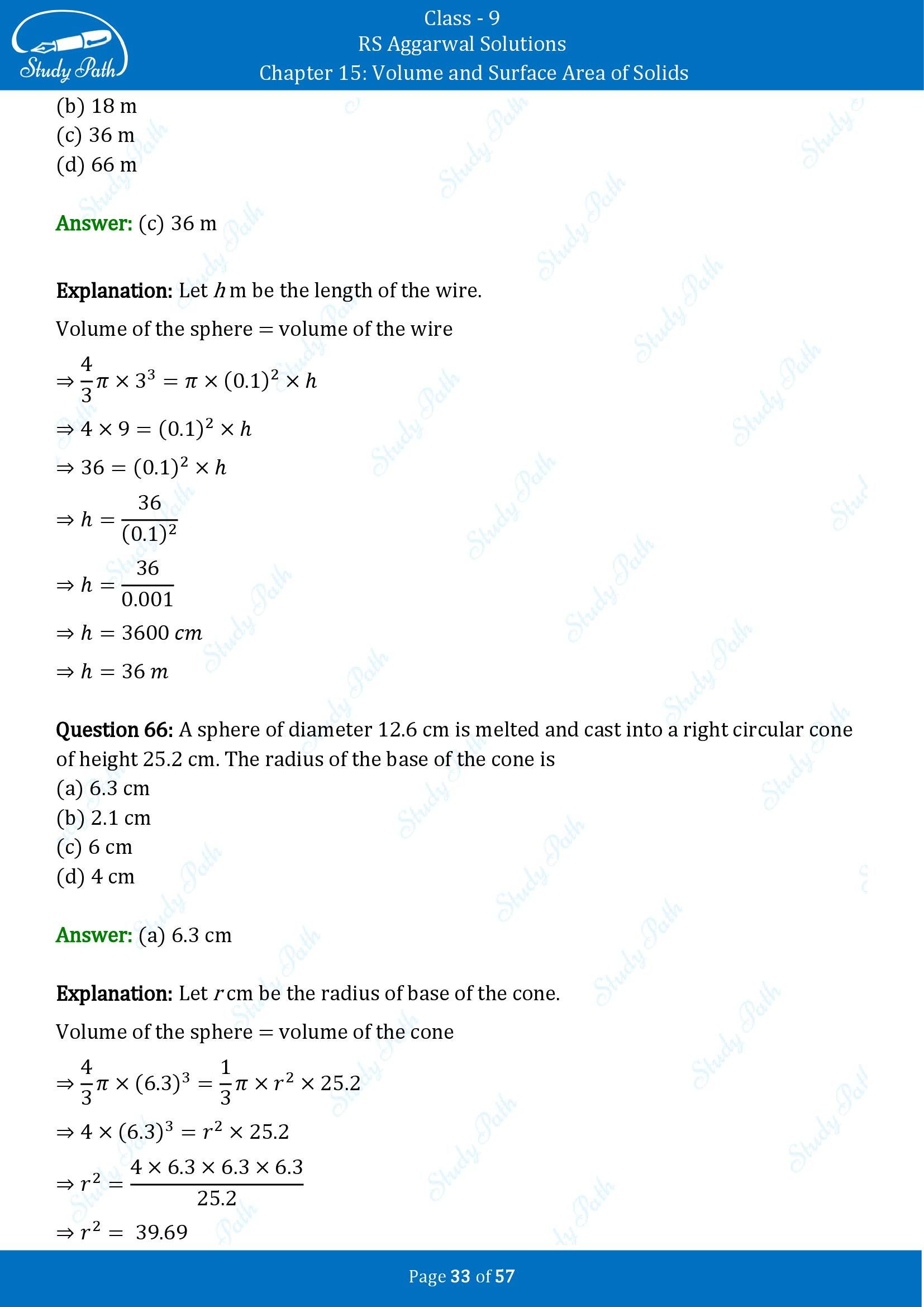 RS Aggarwal Solutions Class 9 Chapter 15 Volume and Surface Area of Solids Multiple Choice Questions MCQs 00033