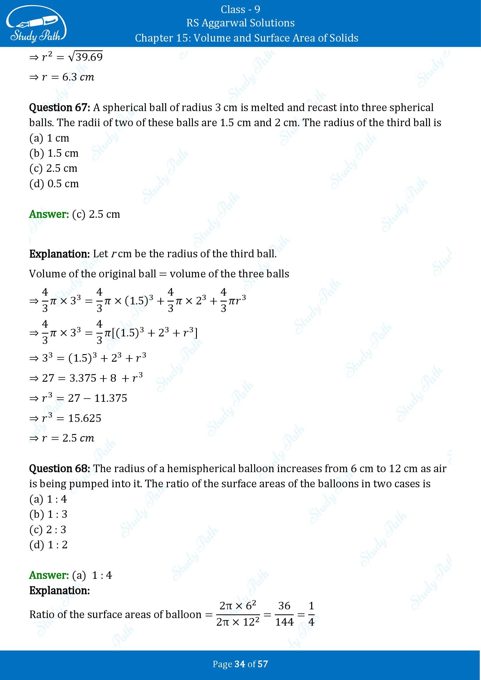 RS Aggarwal Solutions Class 9 Chapter 15 Volume and Surface Area of Solids Multiple Choice Questions MCQs 00034