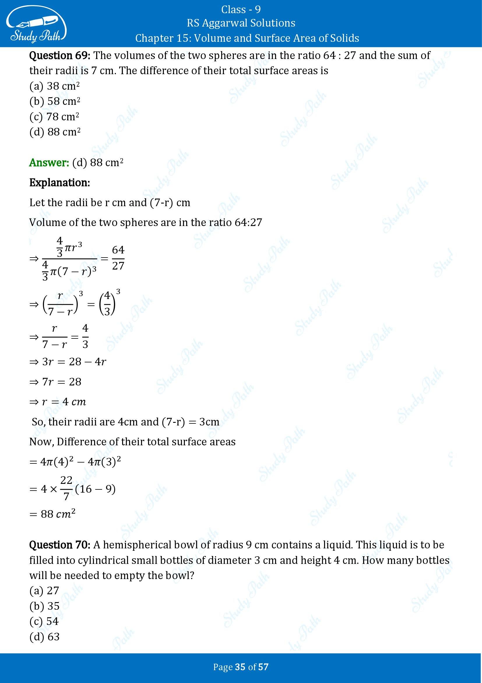 RS Aggarwal Solutions Class 9 Chapter 15 Volume and Surface Area of Solids Multiple Choice Questions MCQs 00035