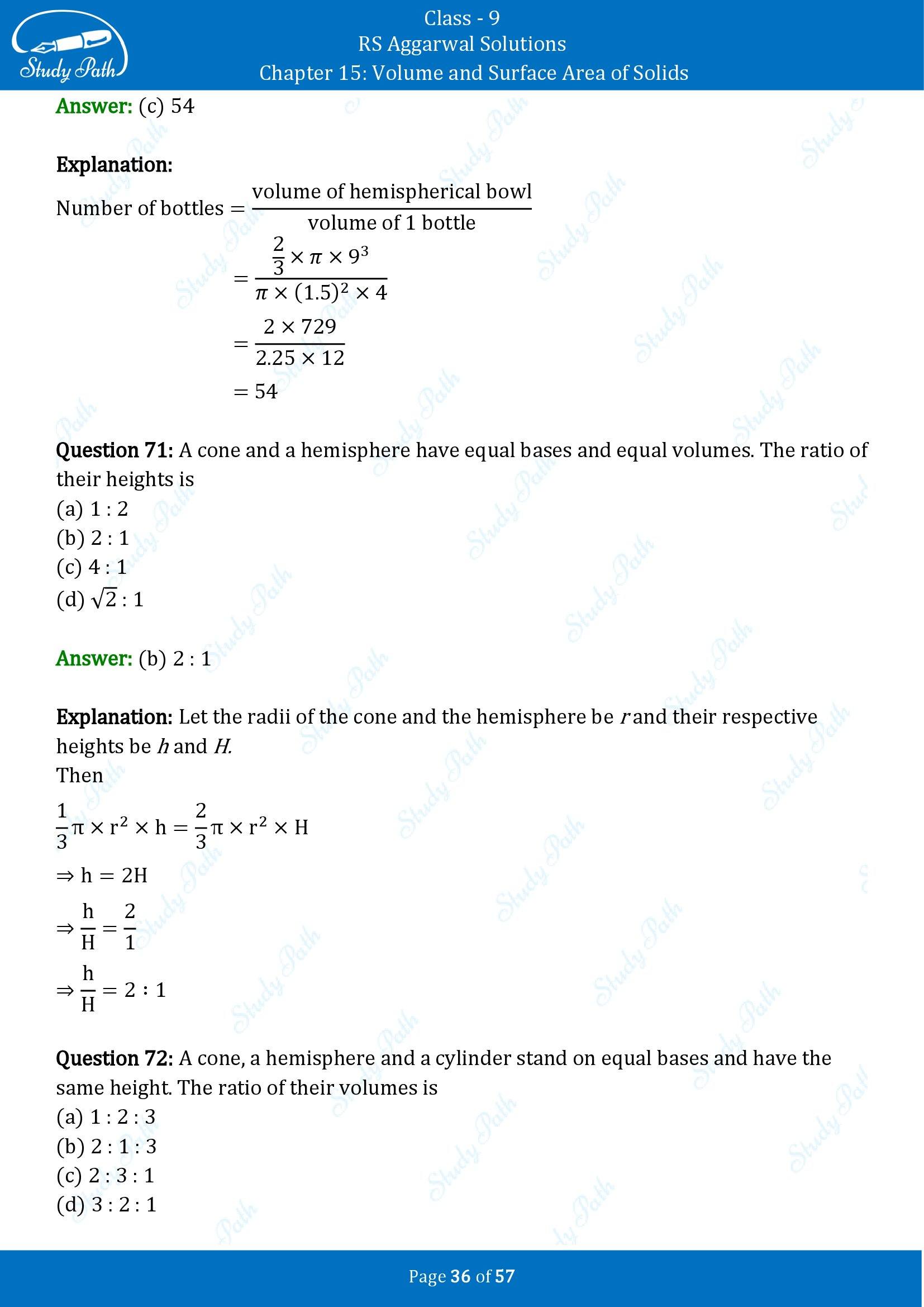 RS Aggarwal Solutions Class 9 Chapter 15 Volume and Surface Area of Solids Multiple Choice Questions MCQs 00036