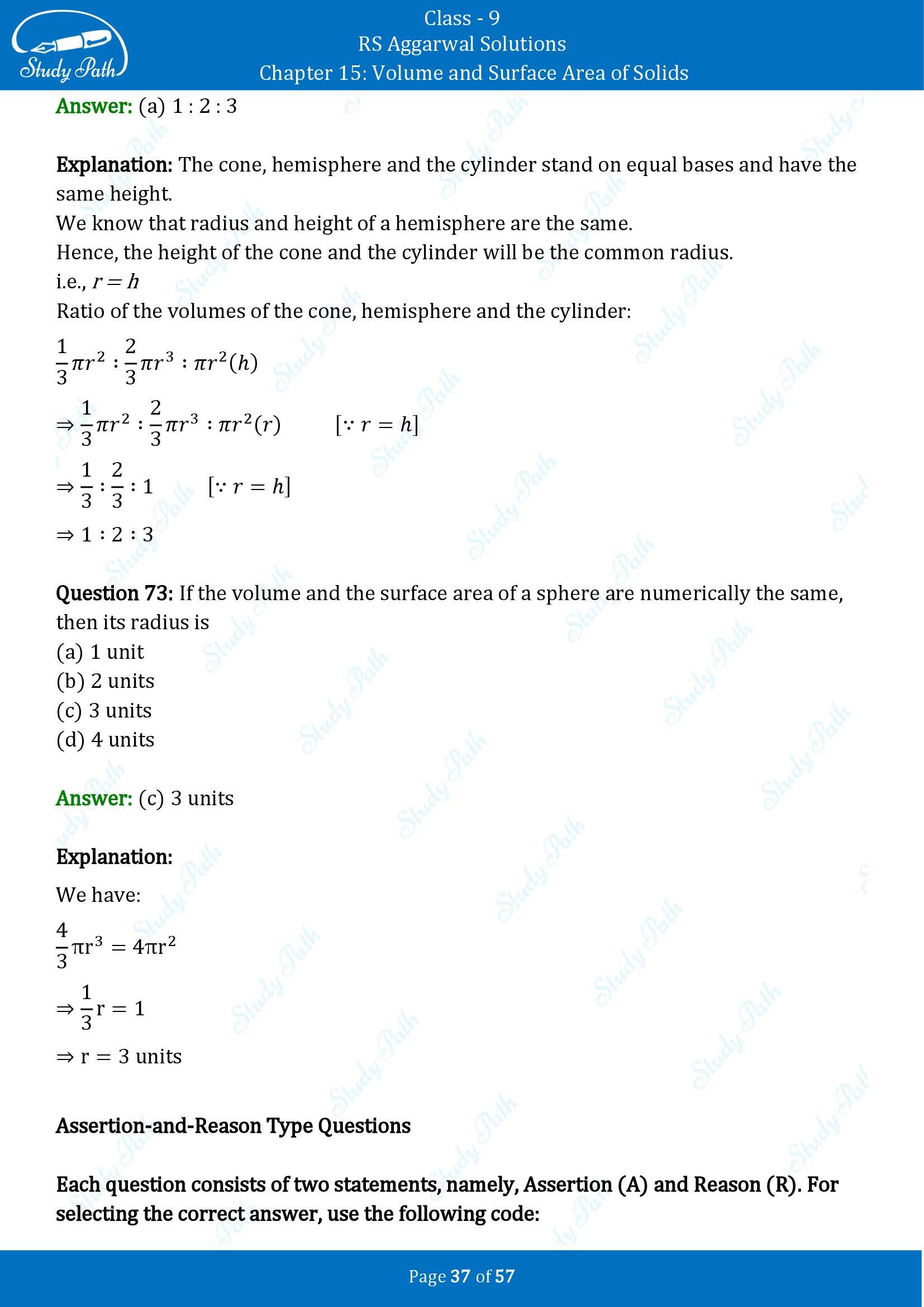 RS Aggarwal Solutions Class 9 Chapter 15 Volume and Surface Area of Solids Multiple Choice Questions MCQs 00037