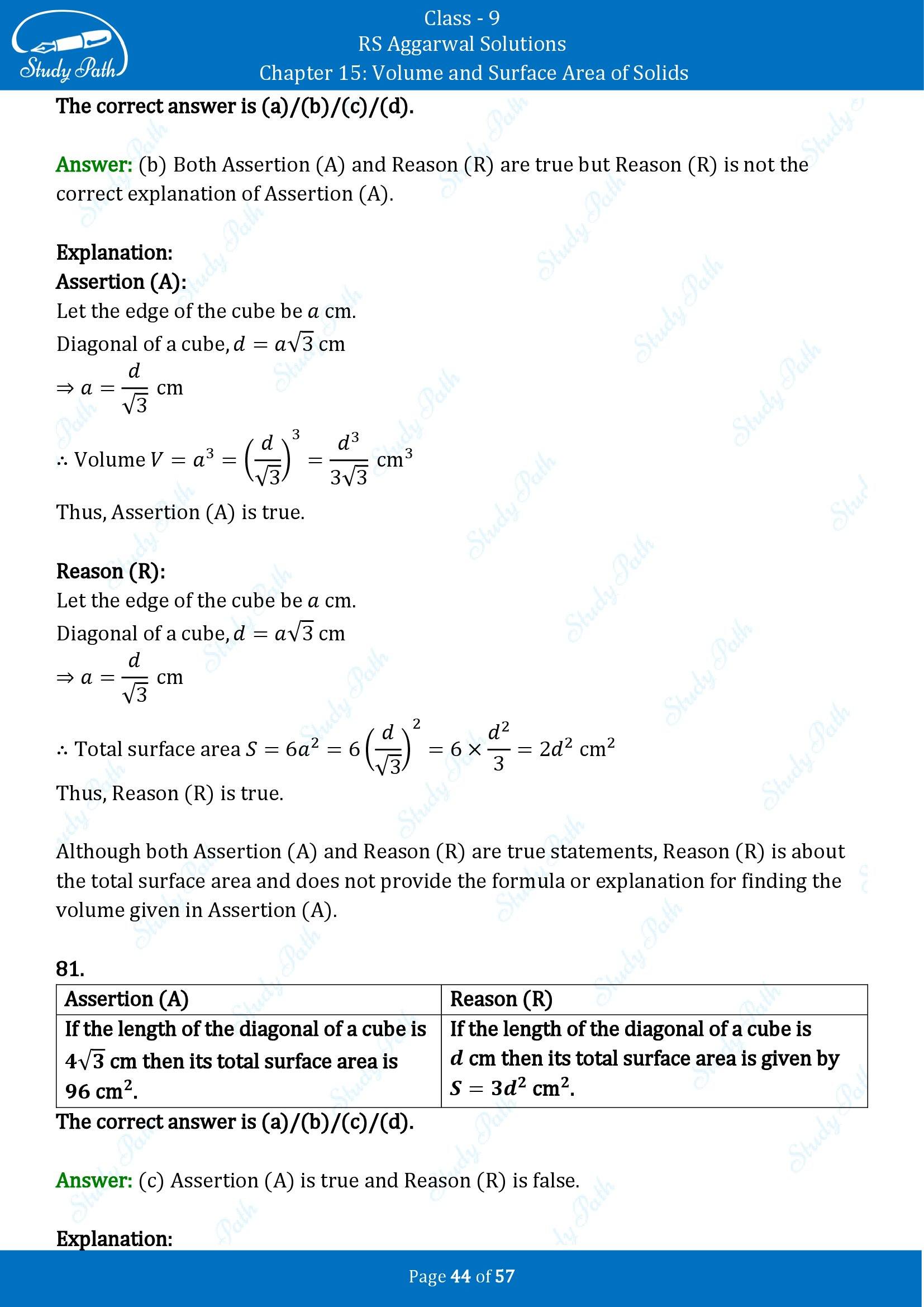 RS Aggarwal Solutions Class 9 Chapter 15 Volume and Surface Area of Solids Multiple Choice Questions MCQs 00044
