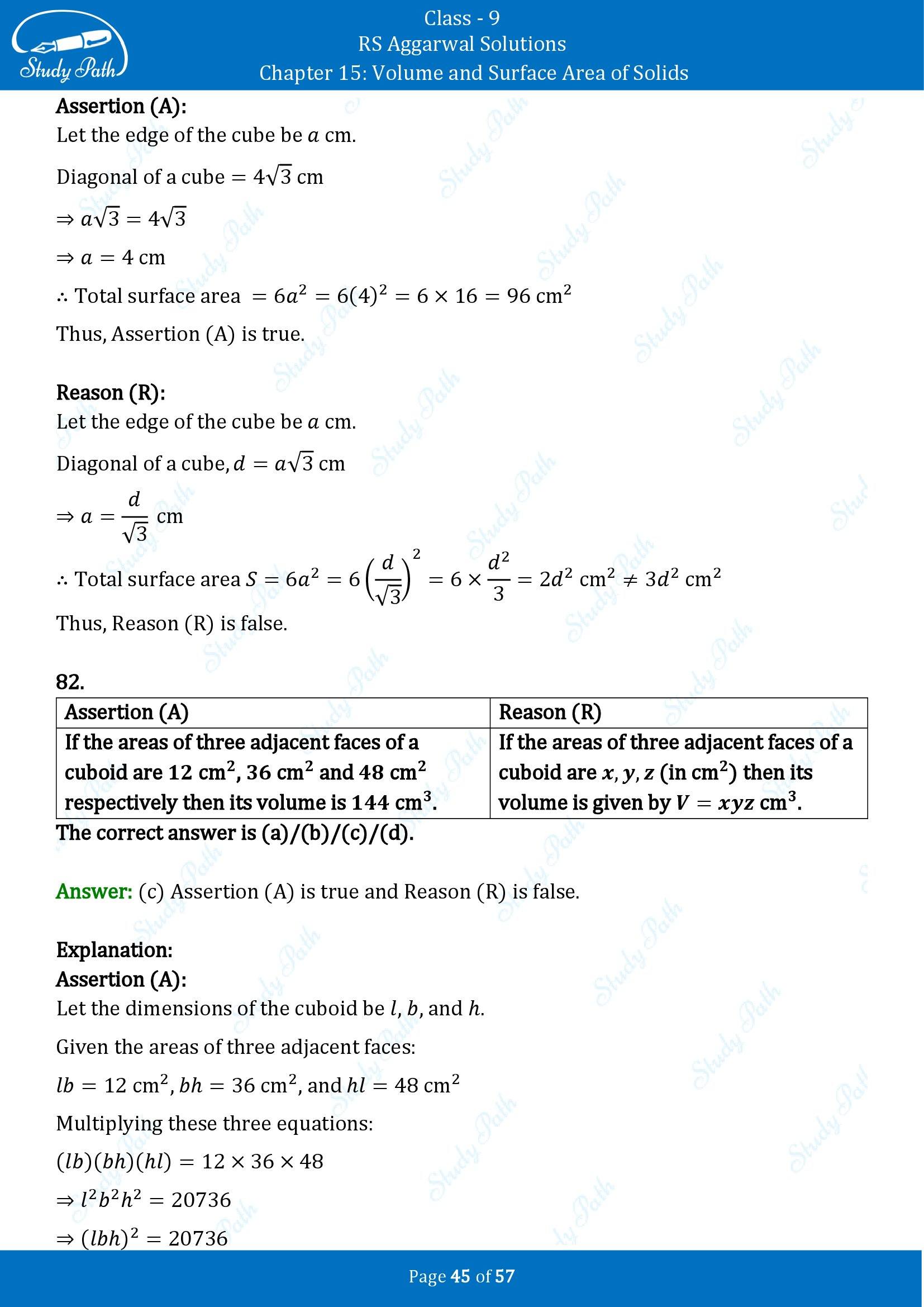 RS Aggarwal Solutions Class 9 Chapter 15 Volume and Surface Area of Solids Multiple Choice Questions MCQs 00045