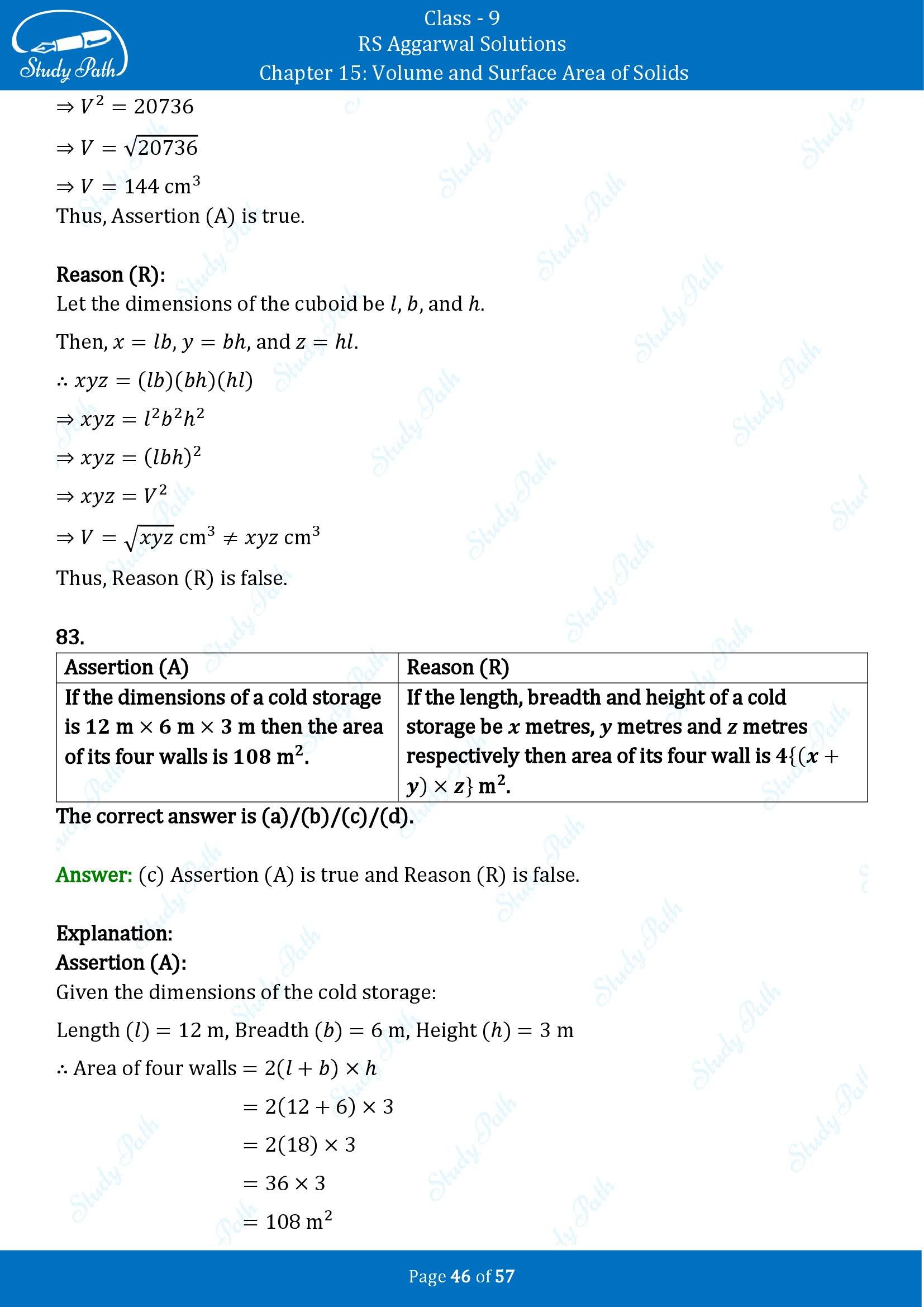 RS Aggarwal Solutions Class 9 Chapter 15 Volume and Surface Area of Solids Multiple Choice Questions MCQs 00046