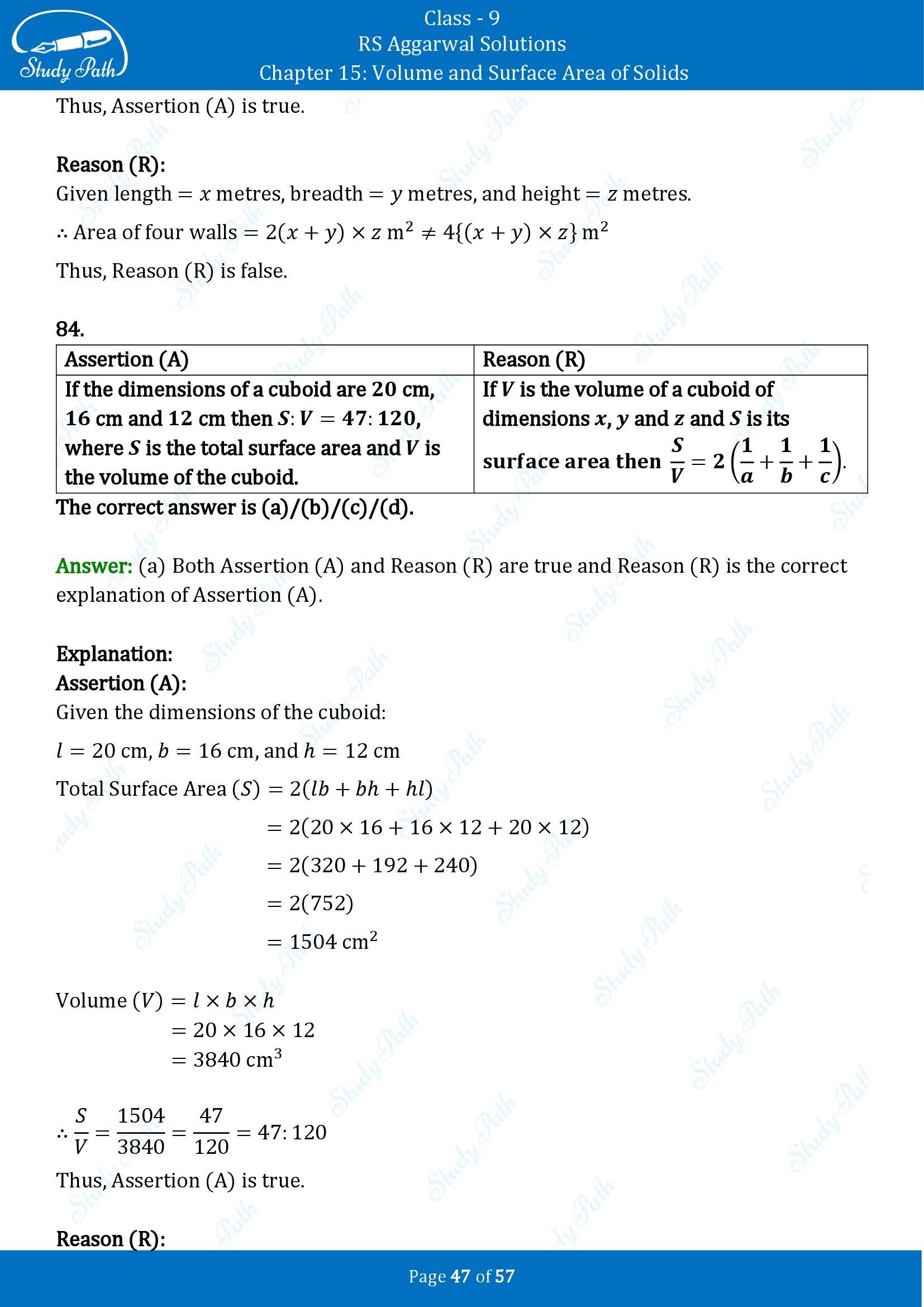 RS Aggarwal Solutions Class 9 Chapter 15 Volume and Surface Area of Solids Multiple Choice Questions MCQs 00047