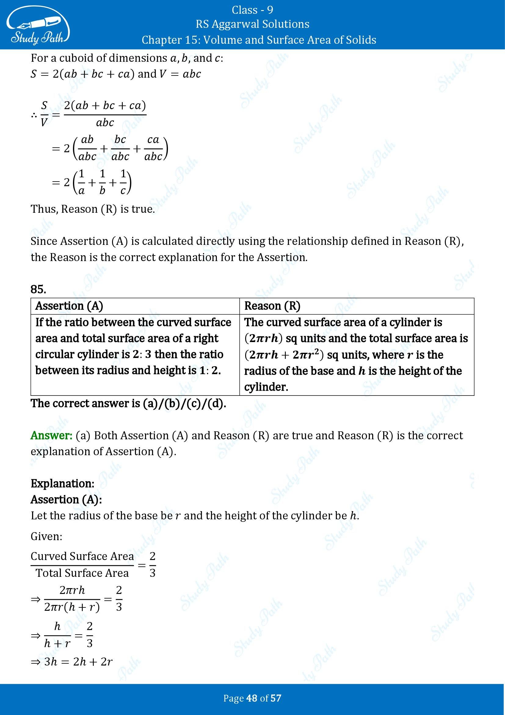 RS Aggarwal Solutions Class 9 Chapter 15 Volume and Surface Area of Solids Multiple Choice Questions MCQs 00048