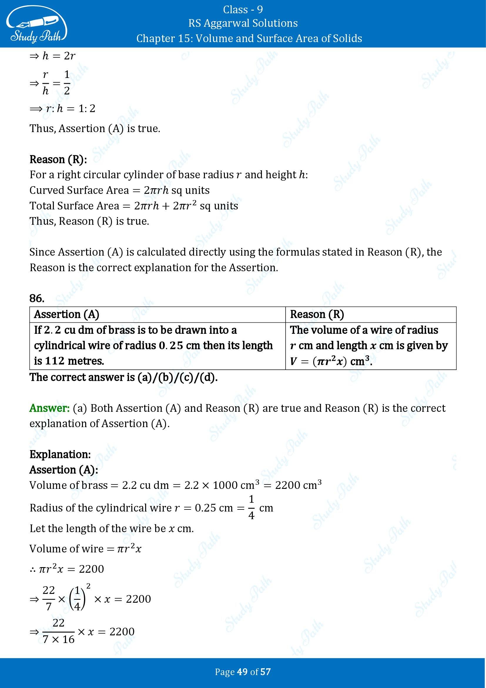 RS Aggarwal Solutions Class 9 Chapter 15 Volume and Surface Area of Solids Multiple Choice Questions MCQs 00049