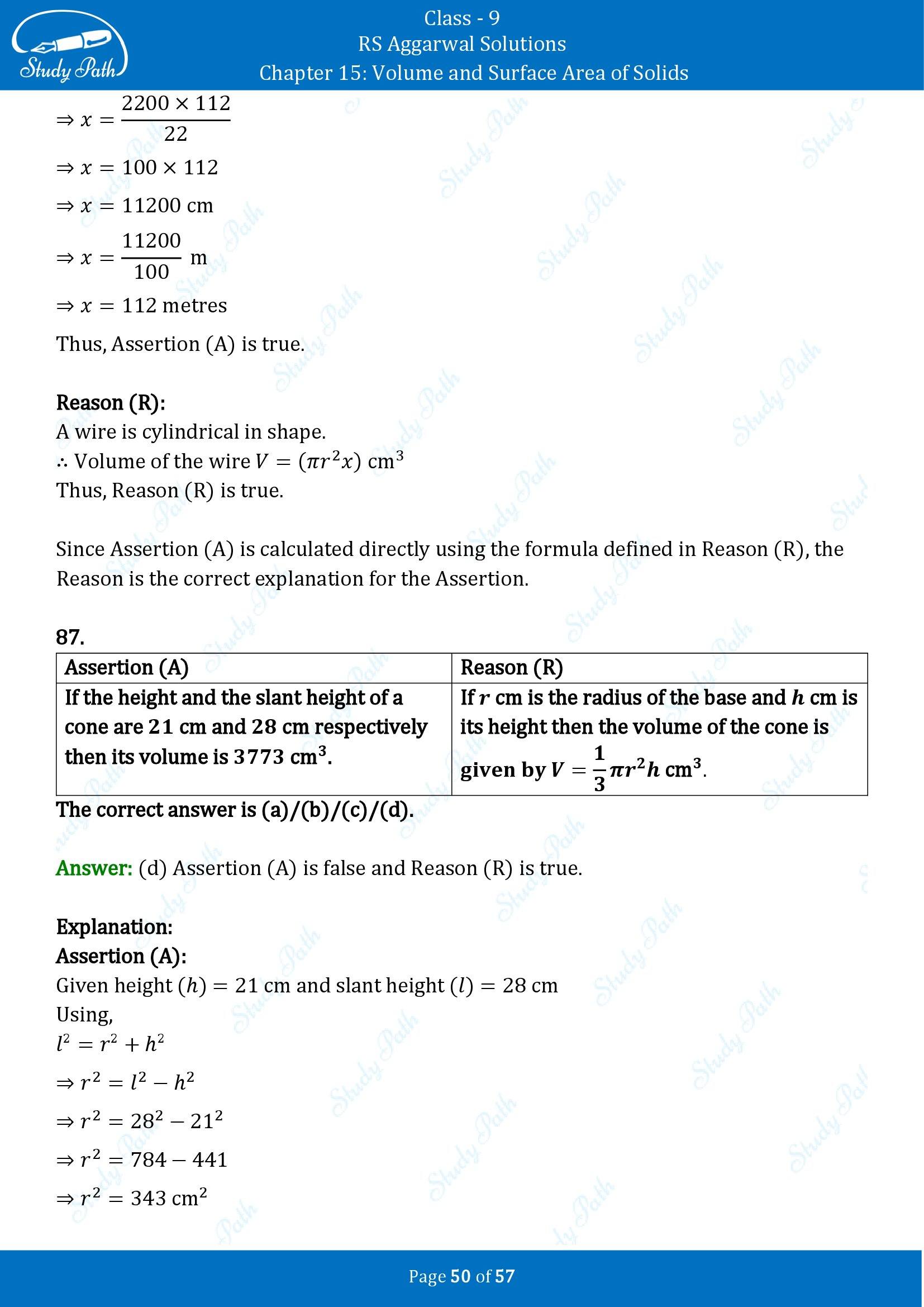 RS Aggarwal Solutions Class 9 Chapter 15 Volume and Surface Area of Solids Multiple Choice Questions MCQs 00050