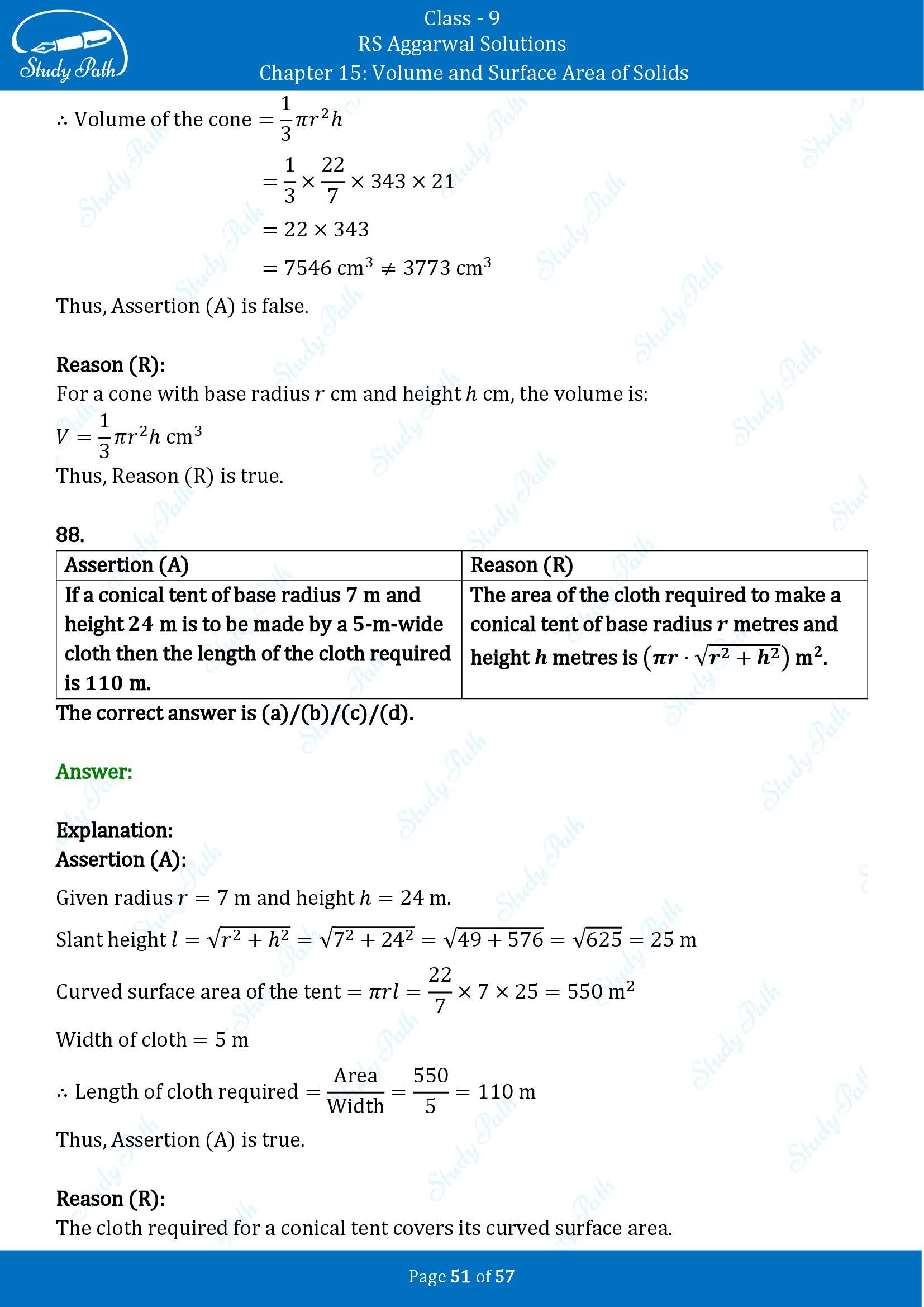 RS Aggarwal Solutions Class 9 Chapter 15 Volume and Surface Area of Solids Multiple Choice Questions MCQs 00051