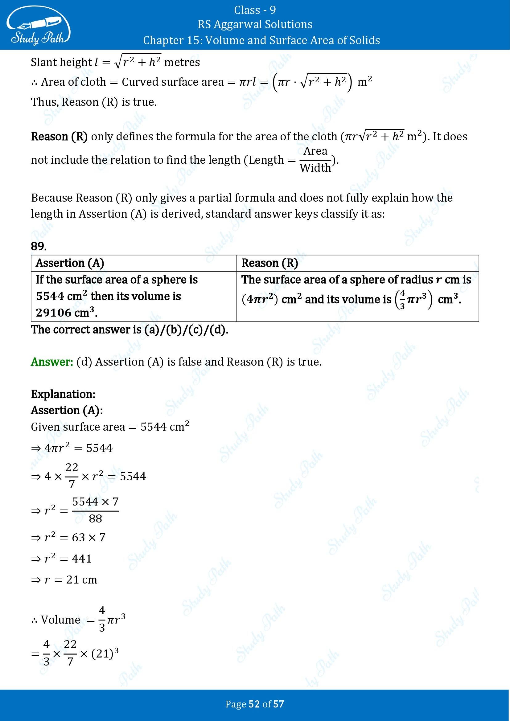 RS Aggarwal Solutions Class 9 Chapter 15 Volume and Surface Area of Solids Multiple Choice Questions MCQs 00052