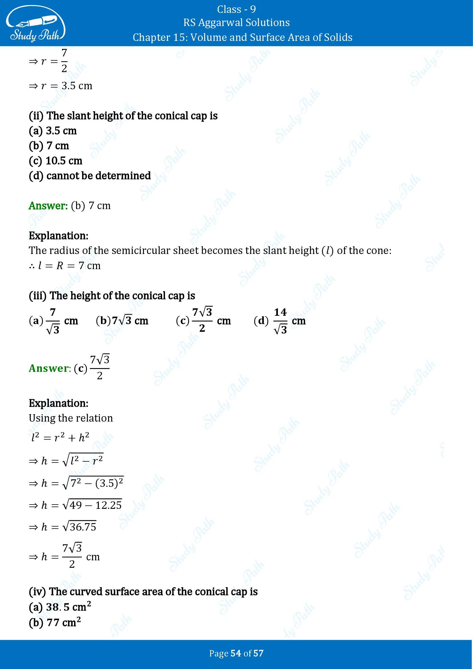 RS Aggarwal Solutions Class 9 Chapter 15 Volume and Surface Area of Solids Multiple Choice Questions MCQs 00054