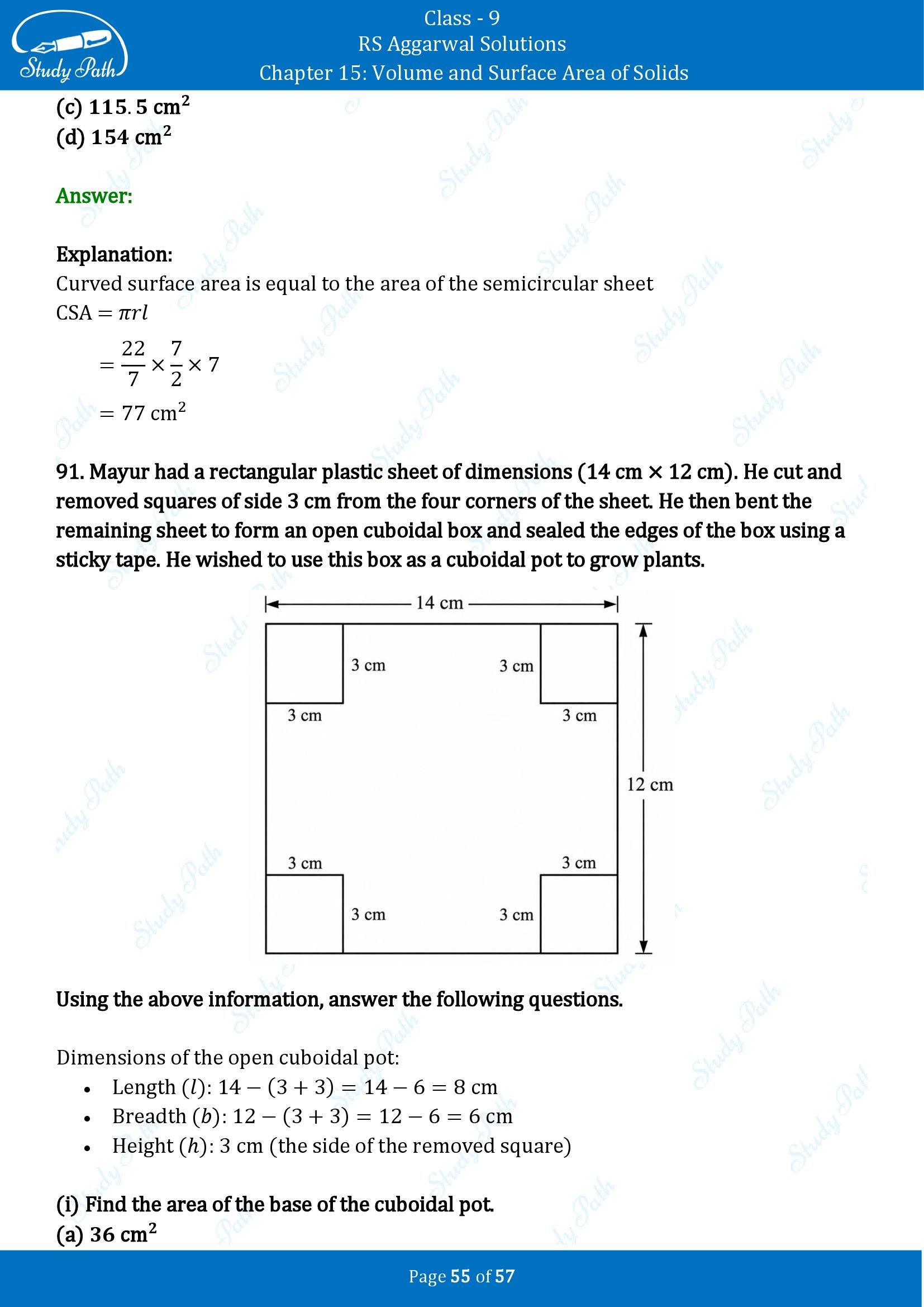 RS Aggarwal Solutions Class 9 Chapter 15 Volume and Surface Area of Solids Multiple Choice Questions MCQs 00055