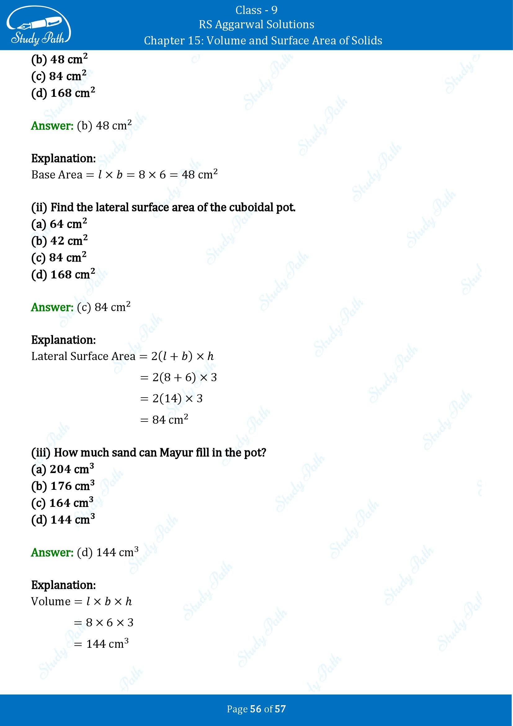 RS Aggarwal Solutions Class 9 Chapter 15 Volume and Surface Area of Solids Multiple Choice Questions MCQs 00056