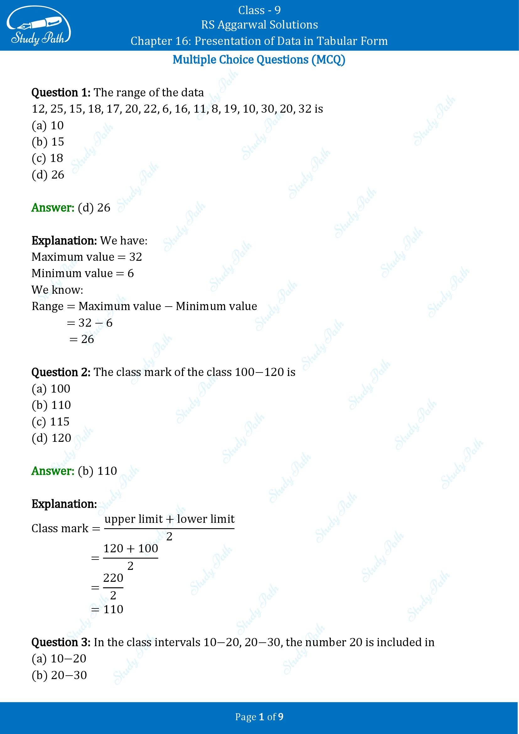 RS Aggarwal Solutions Class 9 Chapter 16 Presentation of Data in Tabular Form Multiple Choice Questions MCQs 00001