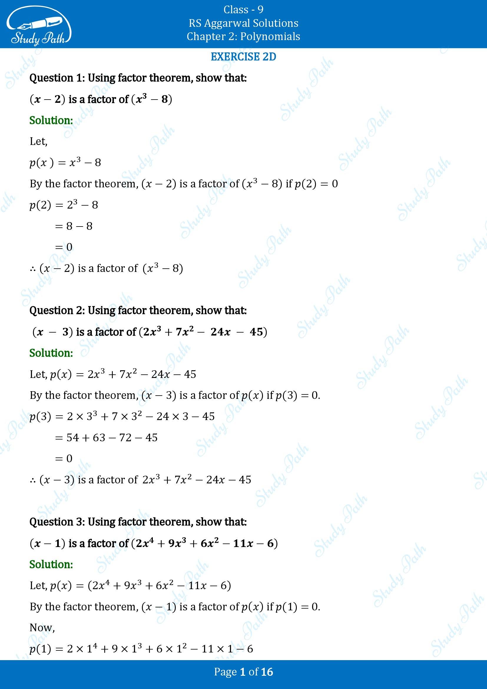 RS Aggarwal Solutions Class 9 Chapter 2 Polynomials Exercise 2D 00001