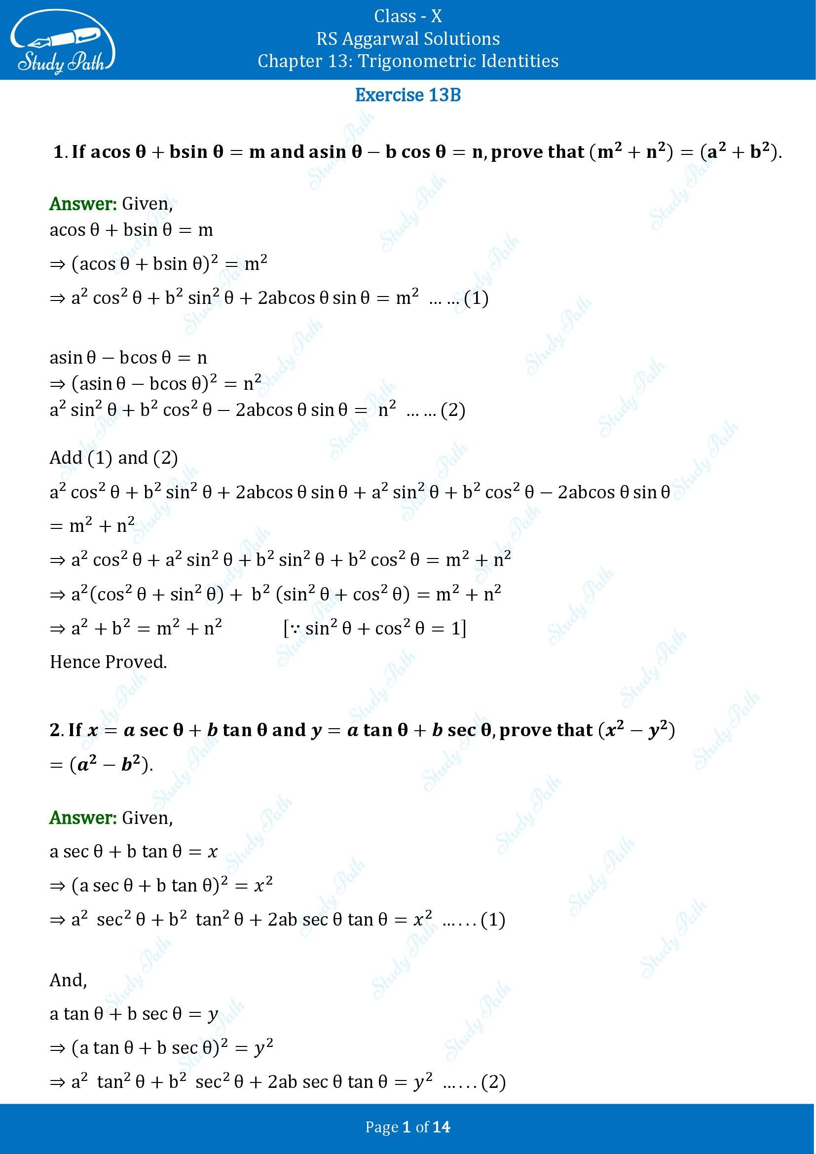 RS Aggarwal Solutions for Class 10 Chapter 13 Trigonometric Identities Exercise 13B 00001