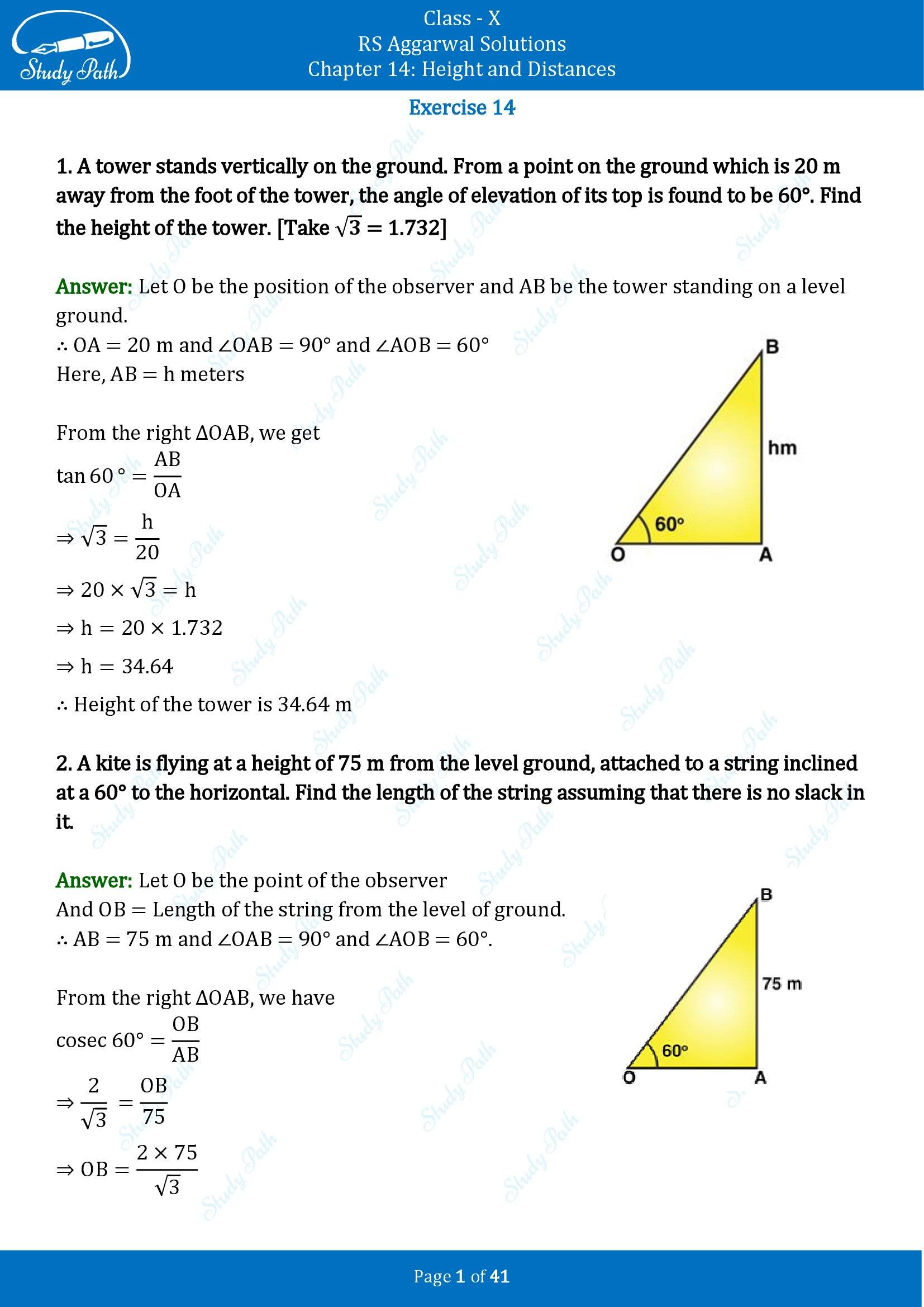RS Aggarwal Solutions for Class 10 Chapter 14 Height and Distances Exercise 14 00001
